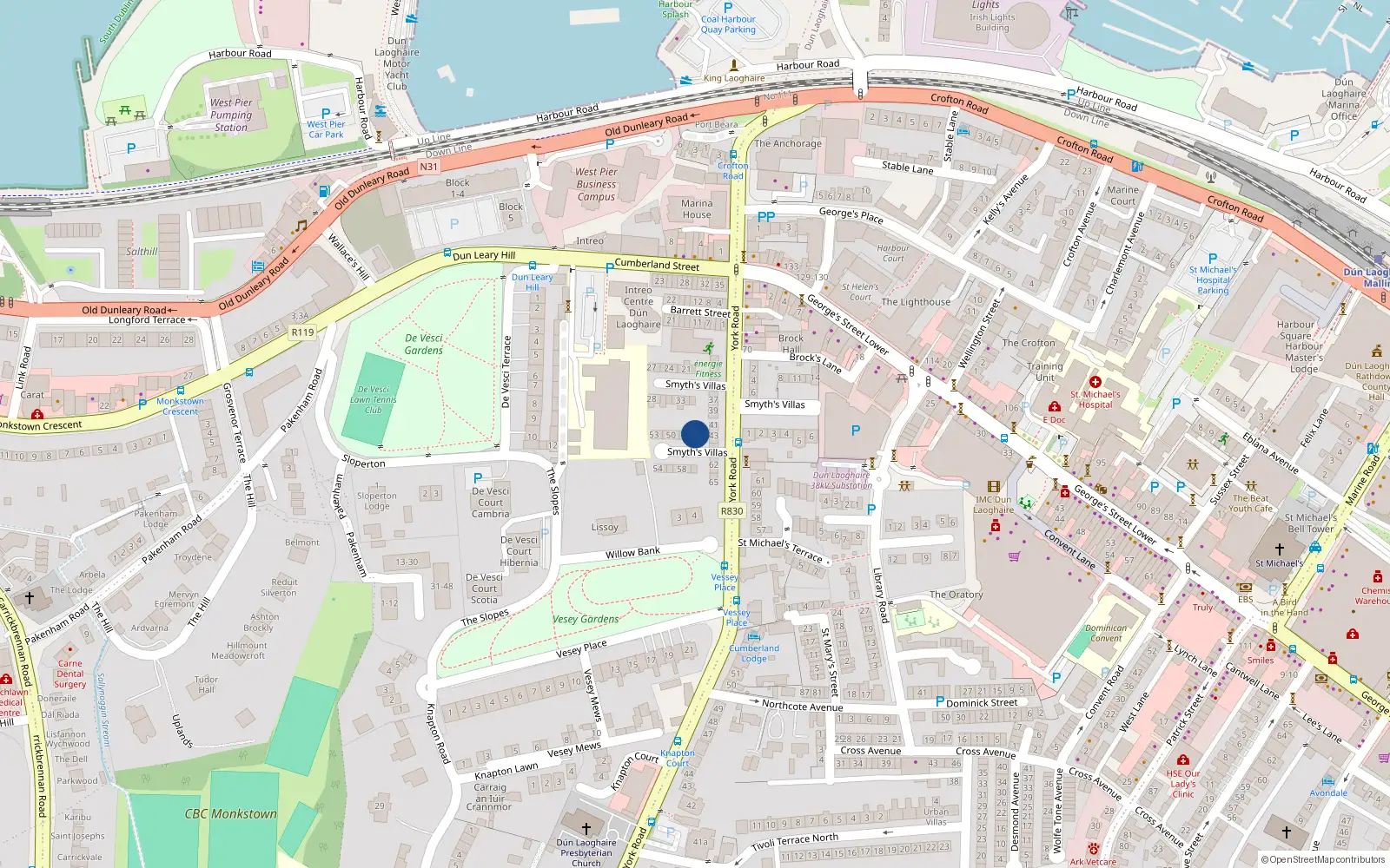 Overhead map showing the location of 42 Smyth's Villas, Dun Laoghaire