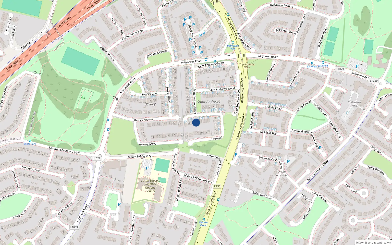 Overhead map showing the location of 42 St Andrews Drive, The Fairways, Lucan