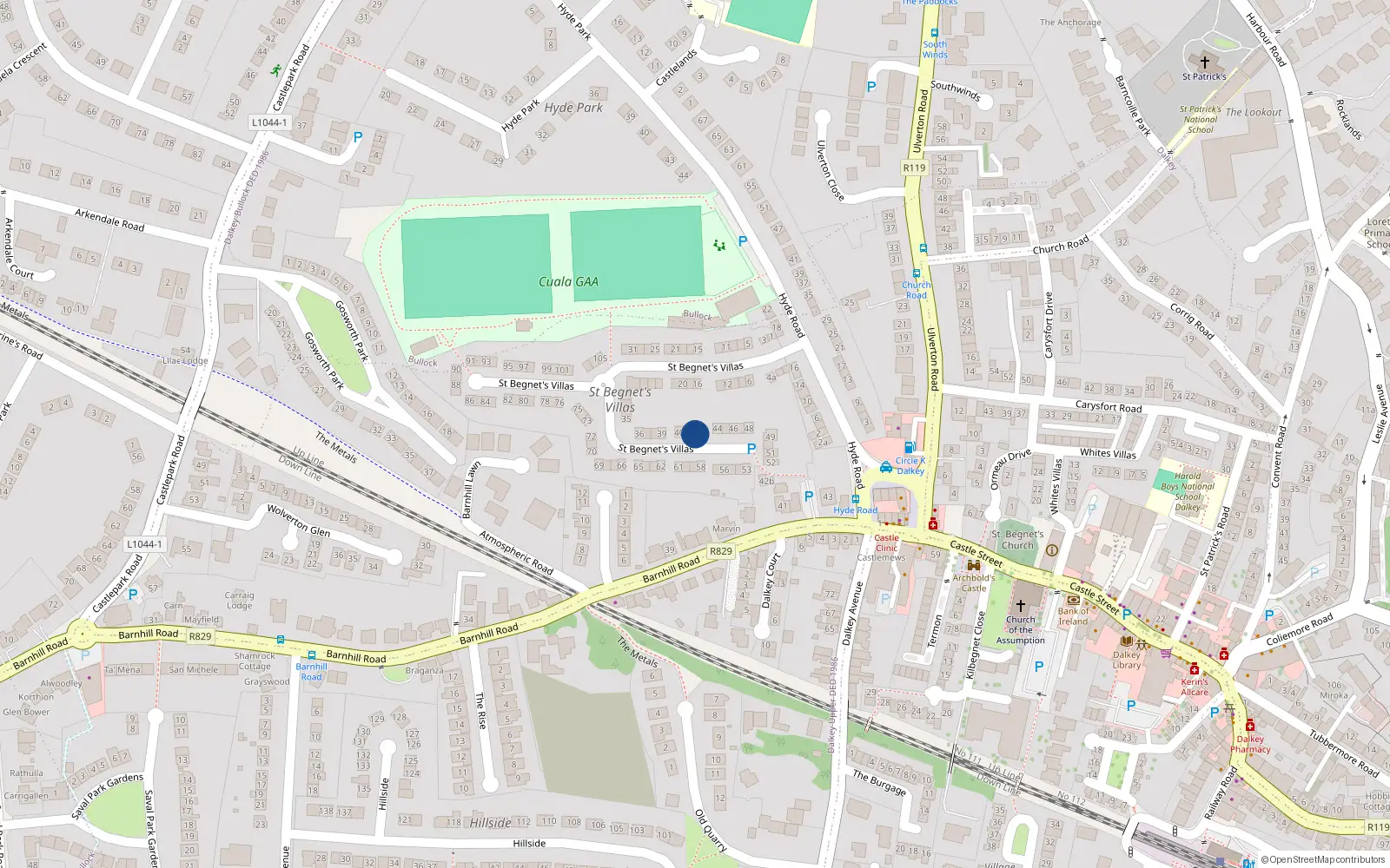 Overhead map showing the location of 42 St Begnets Villas, Dalkey, Dublin