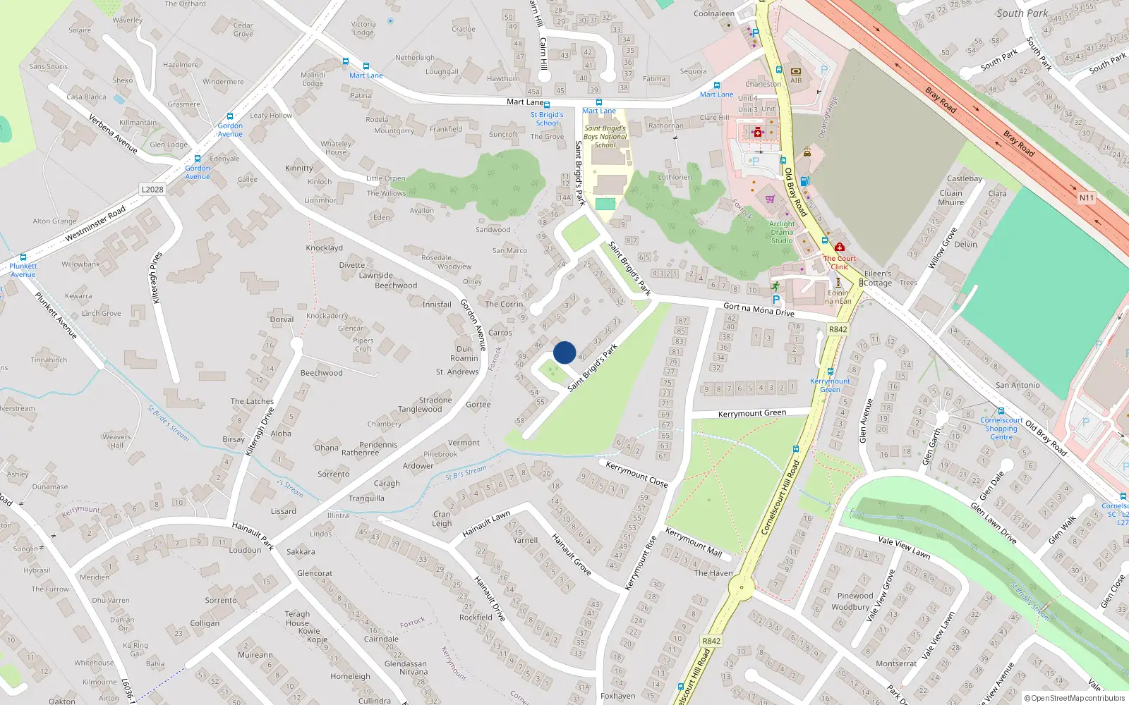 Overhead map showing the location of 42 St Brigids Park, Foxrock, Dublin