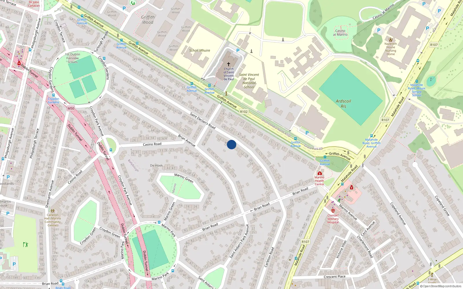 Overhead map showing the location of 42 Saint Declan's Road, Dublin 3