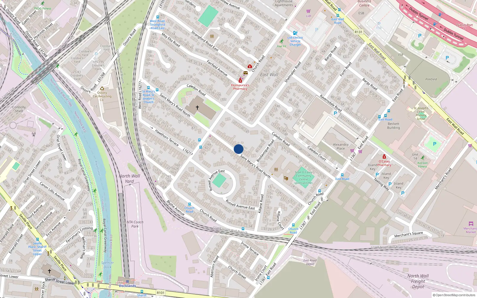 Overhead map showing the location of 42 St Marys Road, East Wall, Dublin 3