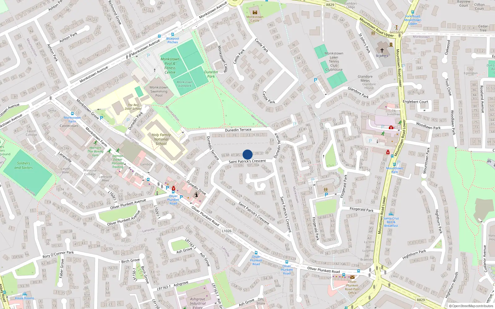 Overhead map showing the location of 42 St Patricks Crescent, Monkstown Farm, Dun Laoghaire