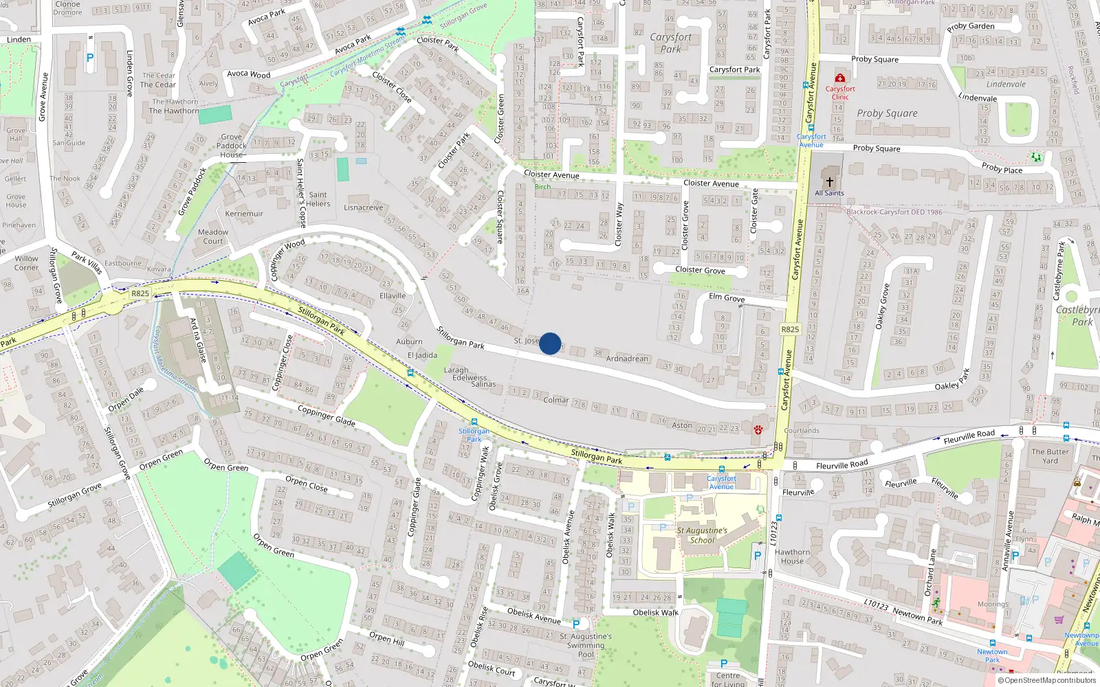 Overhead map showing the location of 42 Stillorgan Park, Blackrock