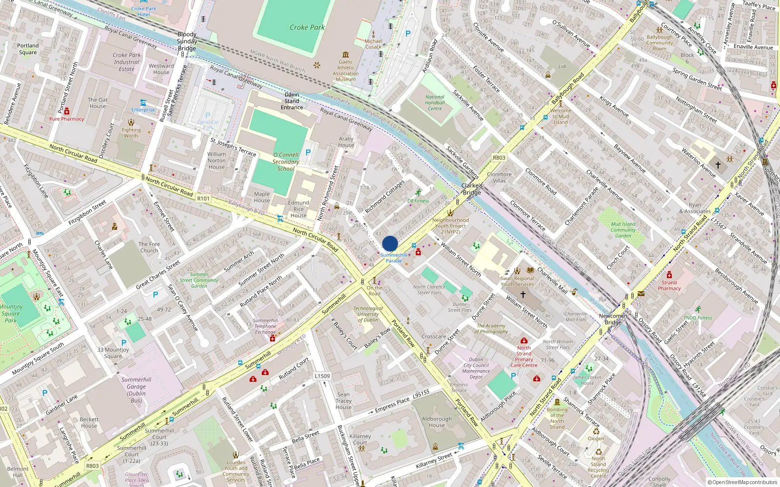 Overhead map showing the location of 42 Summerhill Parade, Dublin