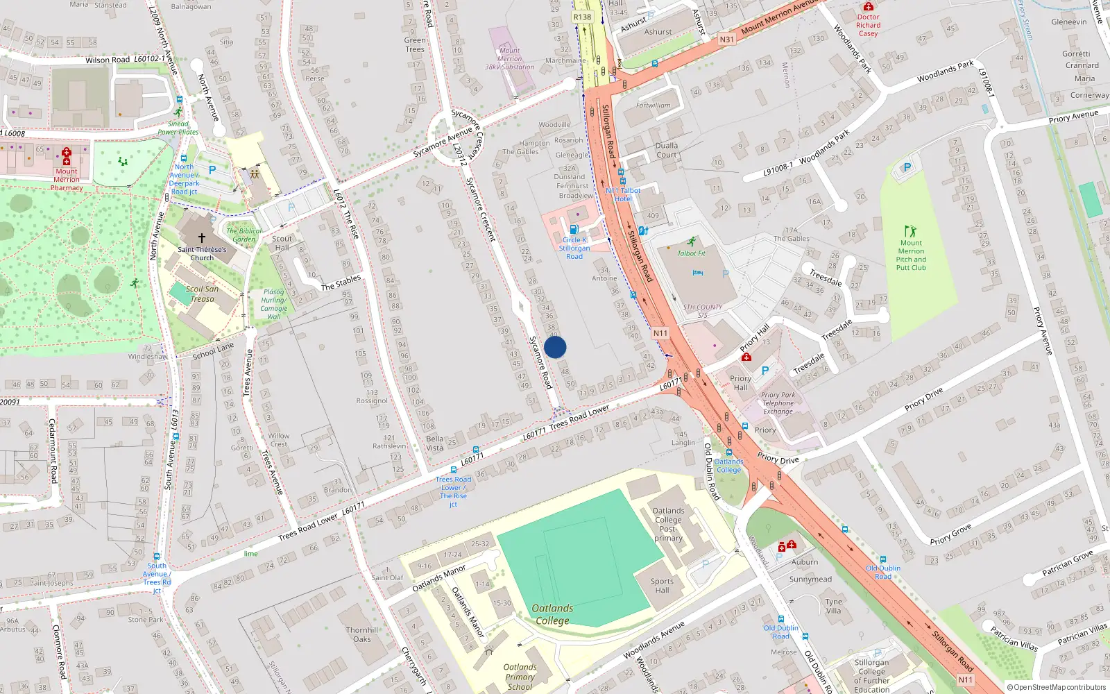 Overhead map showing the location of 42 Sycamore Road, Mount Merrion, Dublin