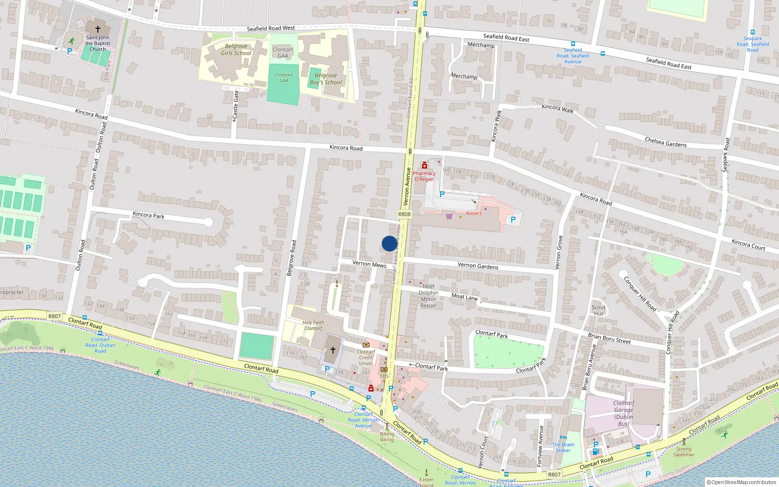 Overhead map showing the location of 42 Vernon Avenue, Clontarf, Dublin 3