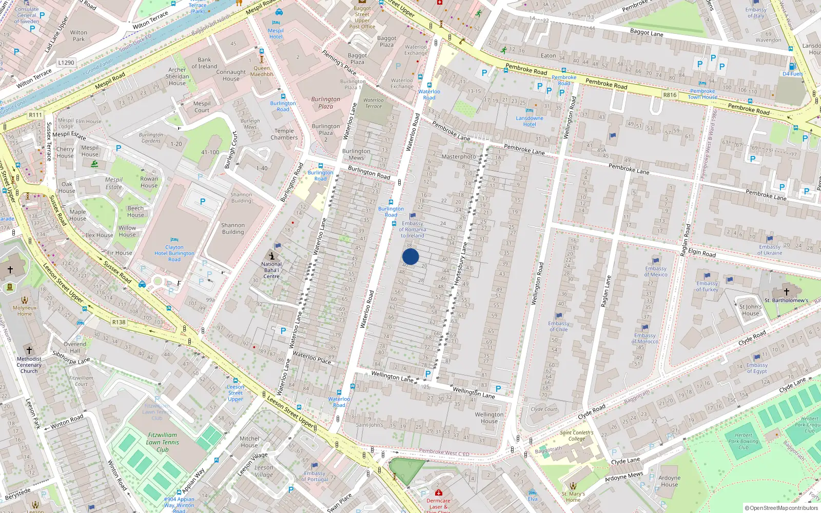 Overhead map showing the location of 42 Waterloo Road, Dublin 4