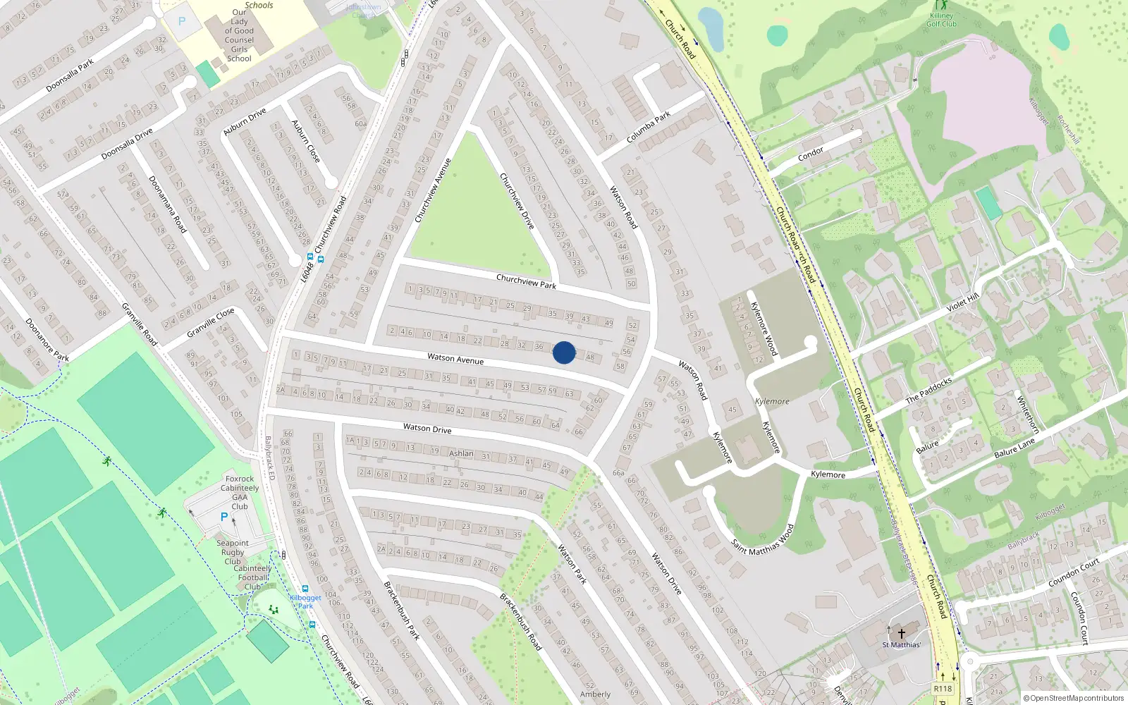 Overhead map showing the location of 42 Watson Avenue, Killiney, Dublin