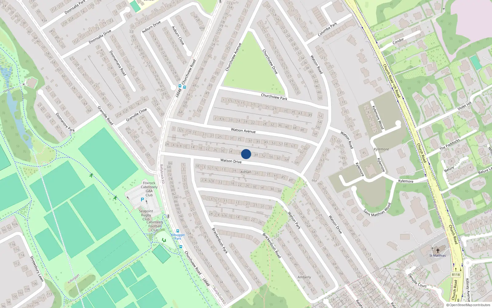 Overhead map showing the location of 42 Watson Drive, Killiney