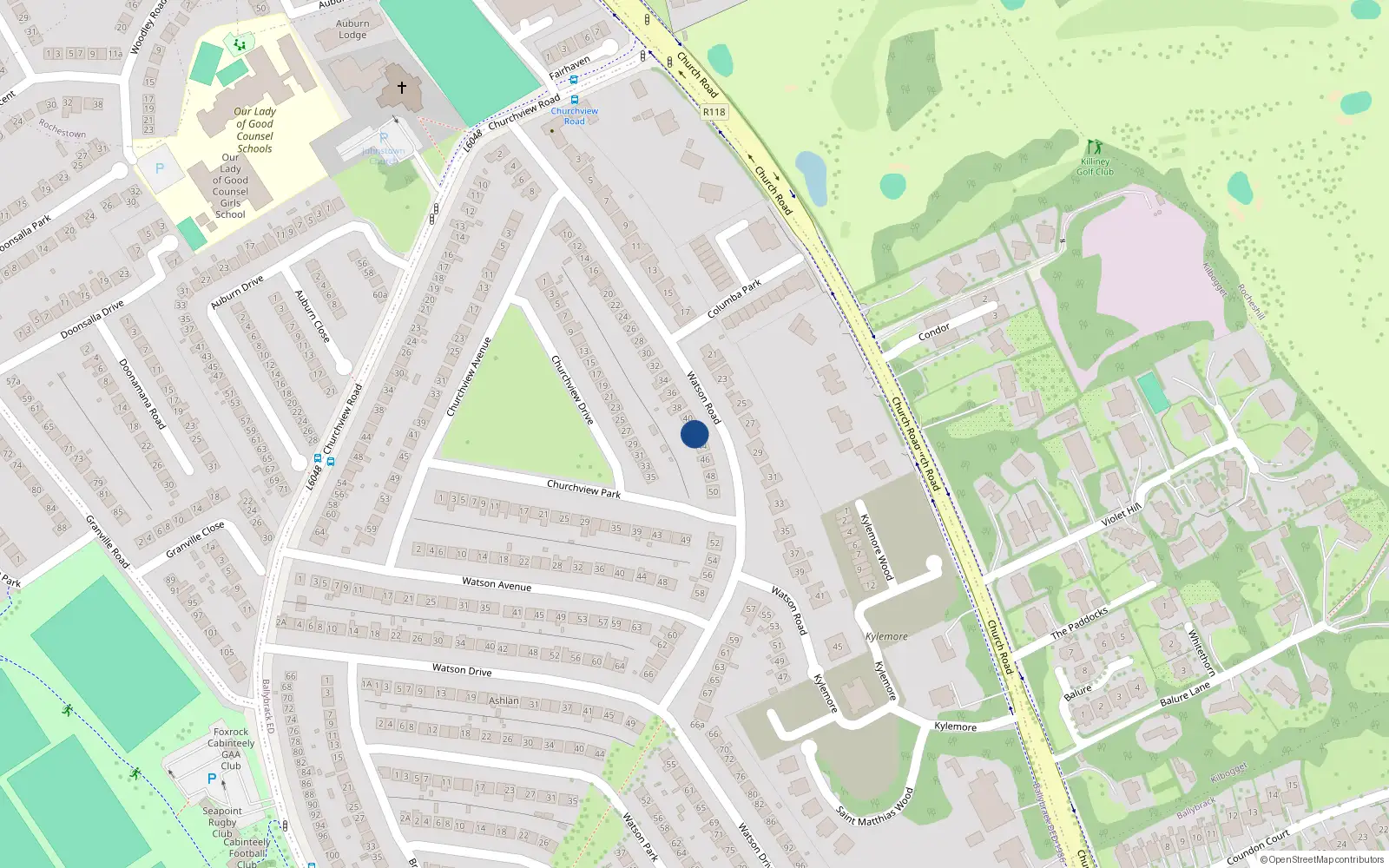 Overhead map showing the location of 42 Watson Road, Killiney, Co Dublin