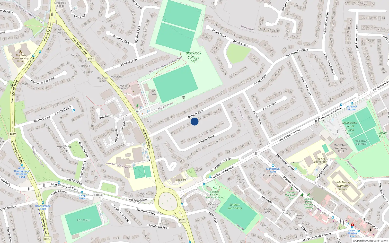 Overhead map showing the location of 42 Windsor Park, Monkstown, Dublin
