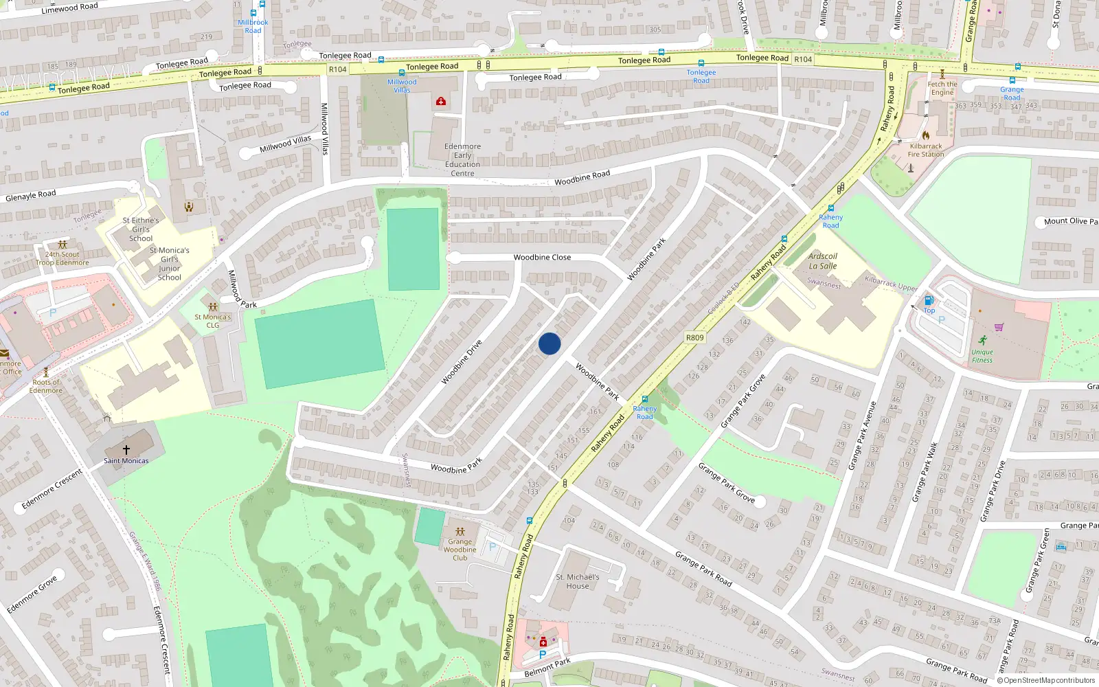 Overhead map showing the location of 42 Woodbine Park, Raheny, Dublin 5