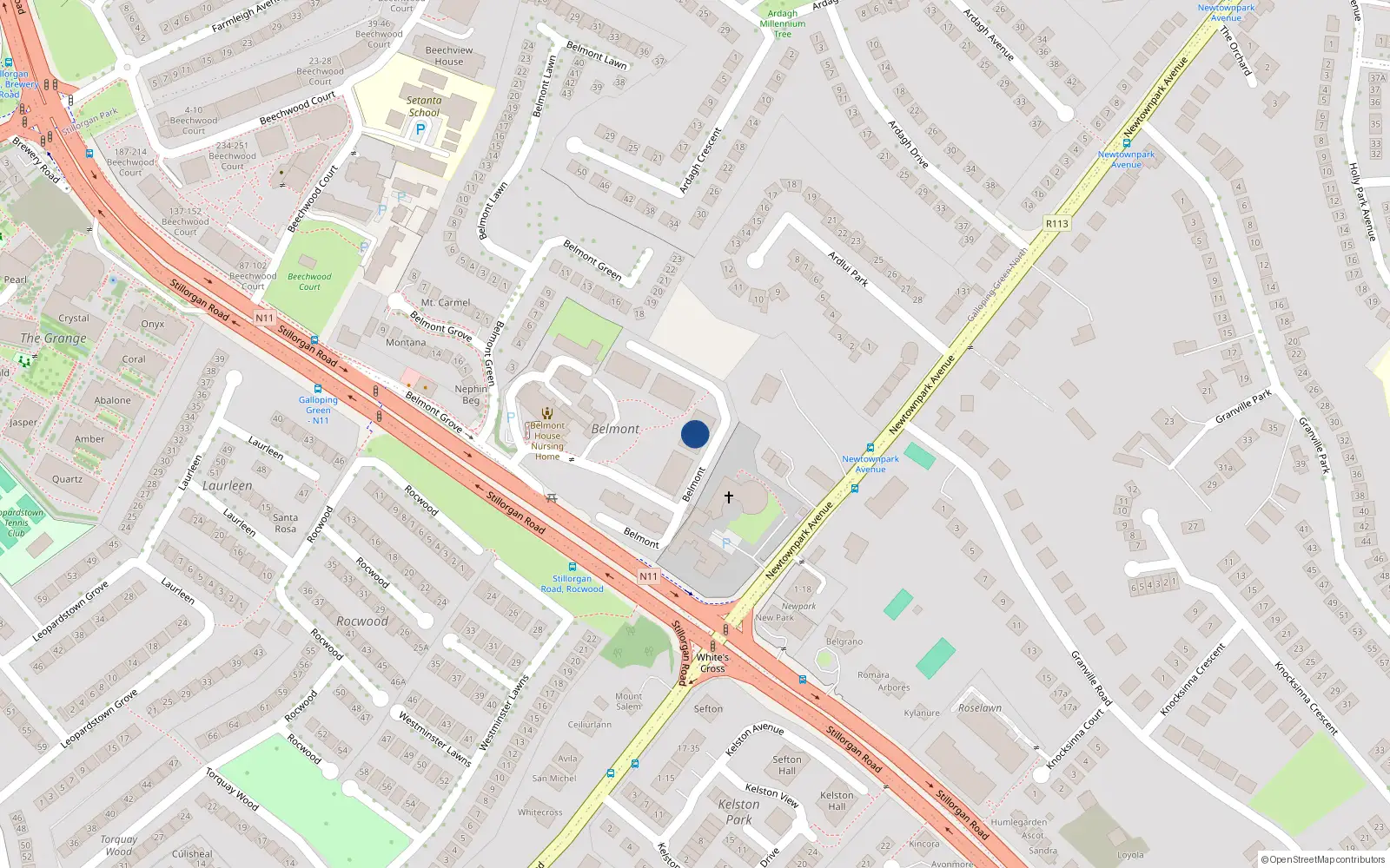 Overhead map showing the location of 421 Galloping Green, Stillorgan, Dublin
