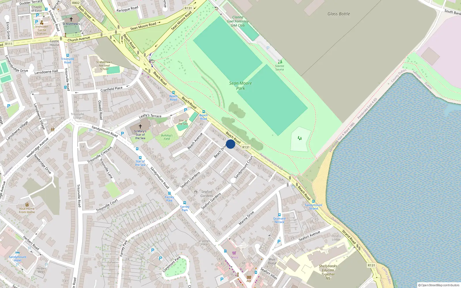 Overhead map showing the location of 42A Beach Road, Sandymount