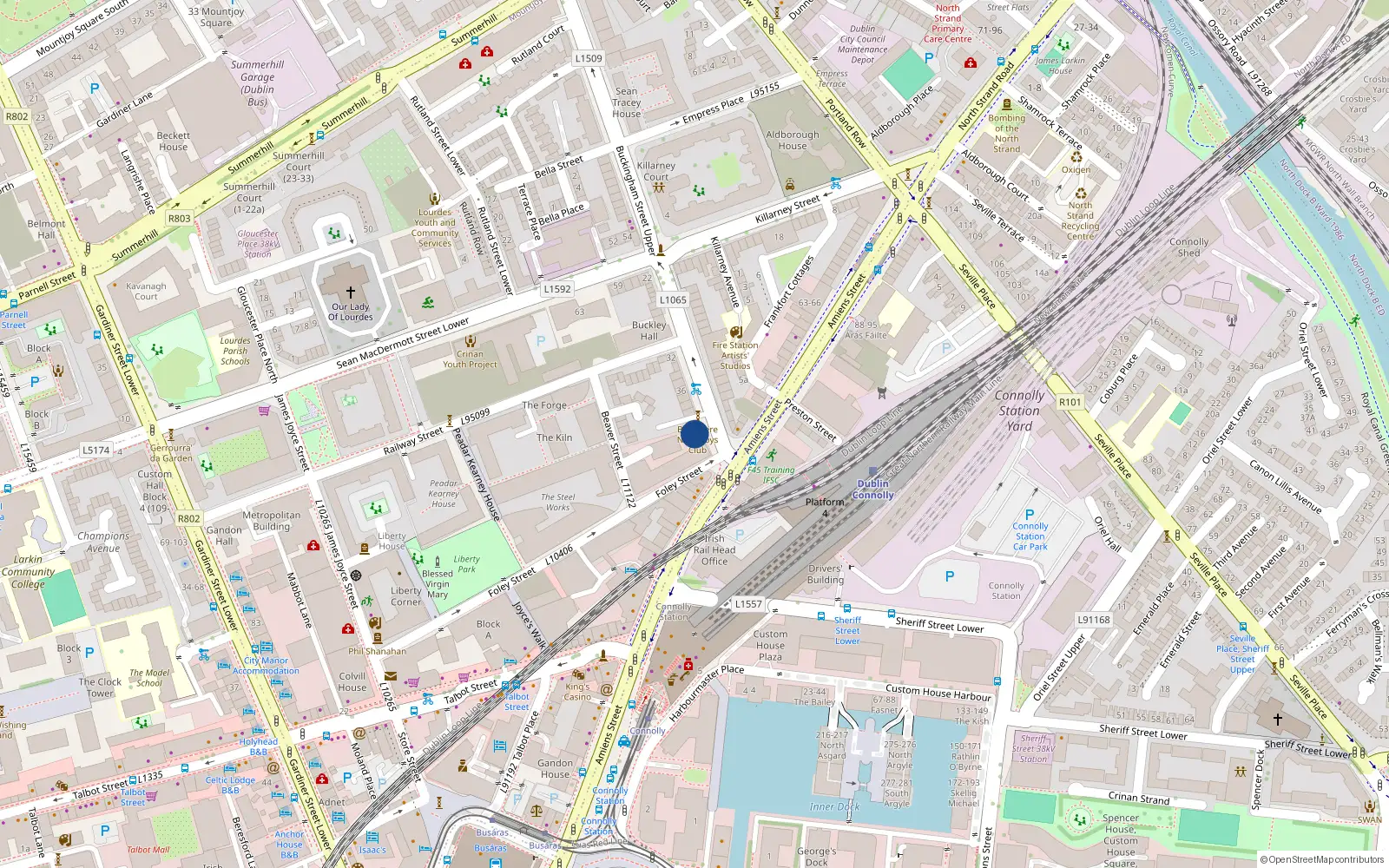 Overhead map showing the location of 42A Buckingham Street Lower, Dublin 1