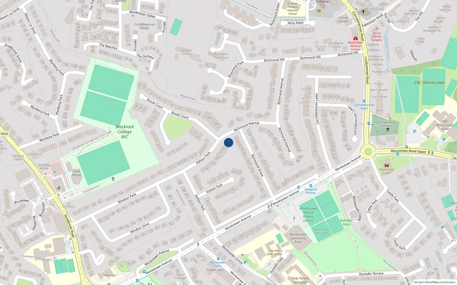 Overhead map showing the location of 42B Ashton Park, Monkstown