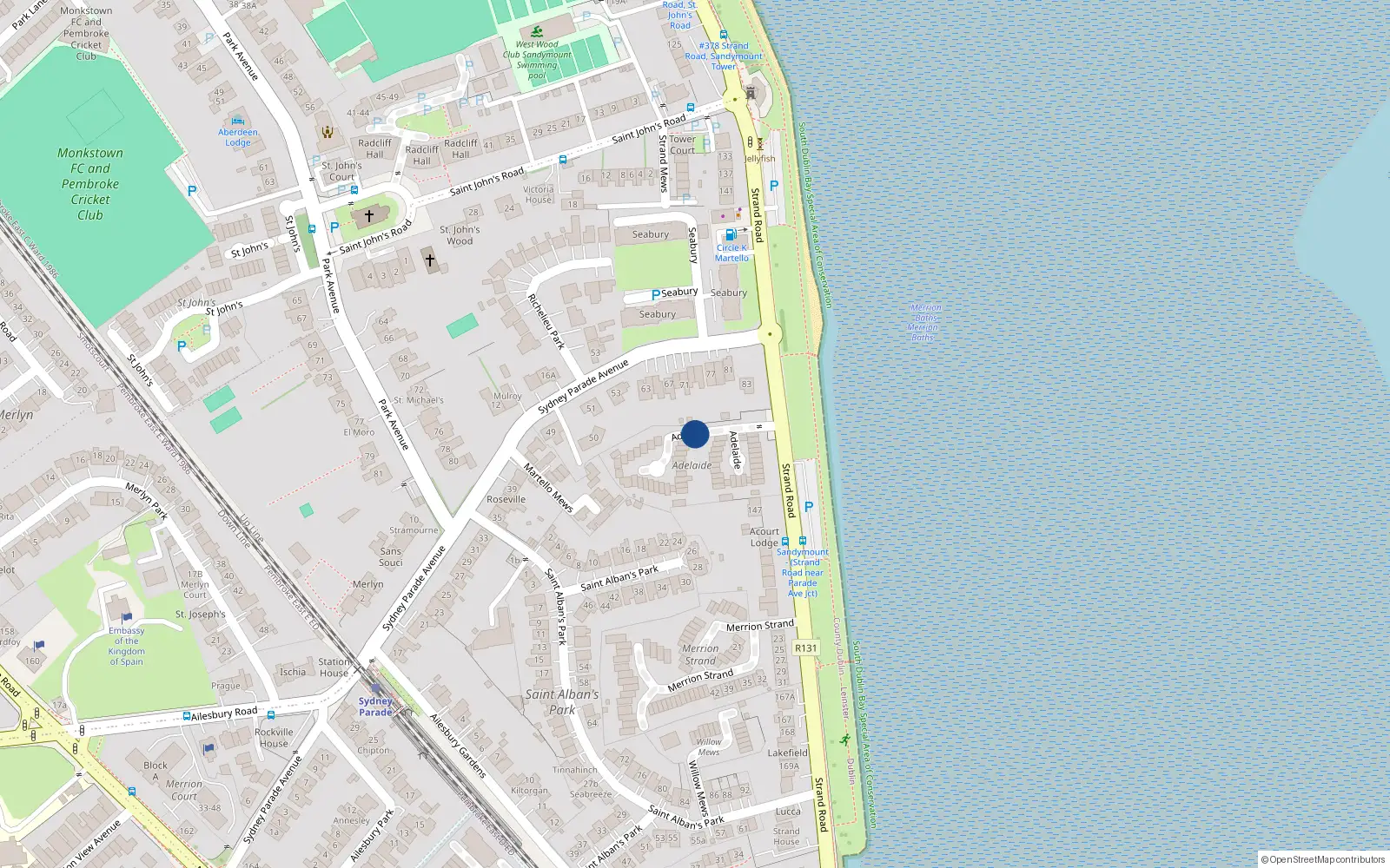 Overhead map showing the location of 43 Adelaide, Sandymount