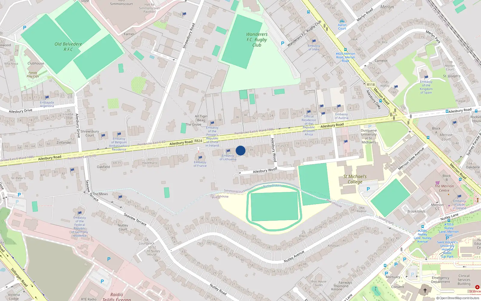 Overhead map showing the location of 43 Ailesbury Road, Simmonscourt