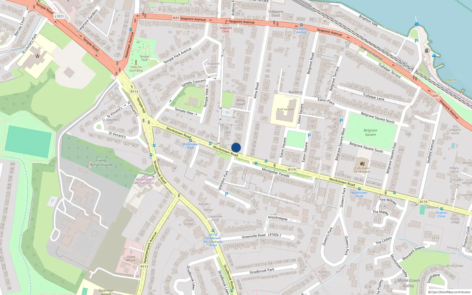 Overhead map showing the location of 43 Alma Road, Co Dublin