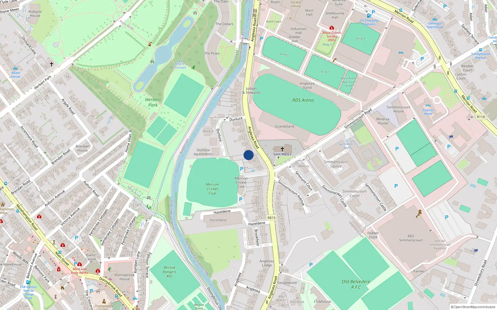 Overhead map showing the location of 43 Anglesea Road, Ballsbridge