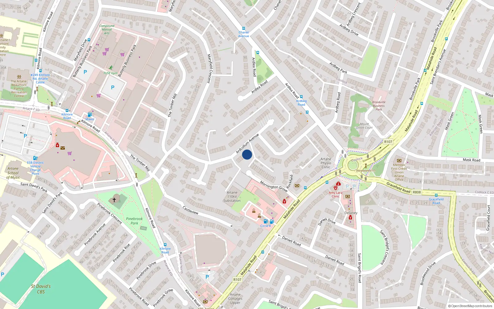 Overhead map showing the location of 43 Ardcullum Avenue, Artane, Dublin 5