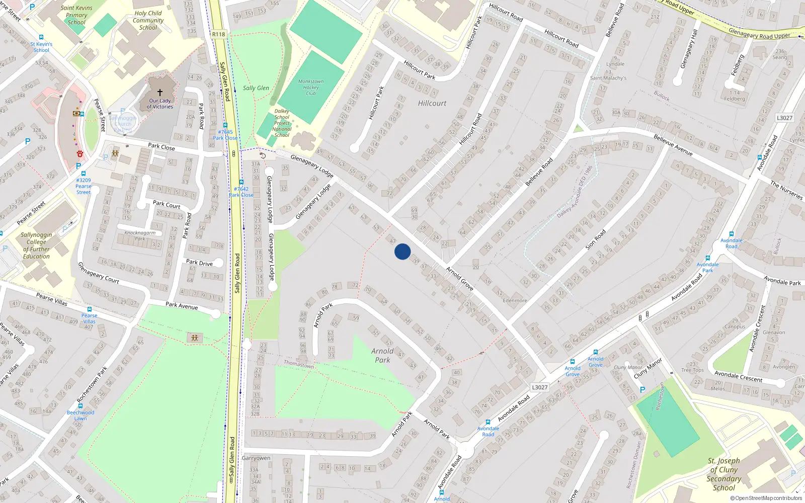 Overhead map showing the location of 43 Arnold Grove, Glenageary, Dublin
