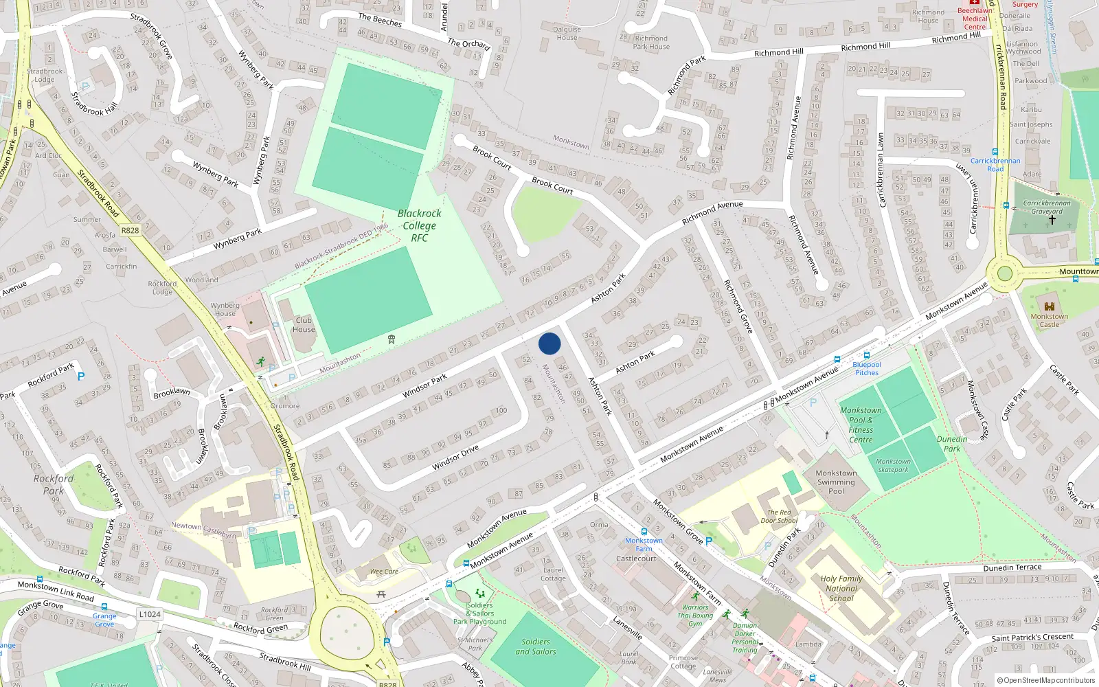 Overhead map showing the location of 43 Ashton Park, Monkstown, Blackrock