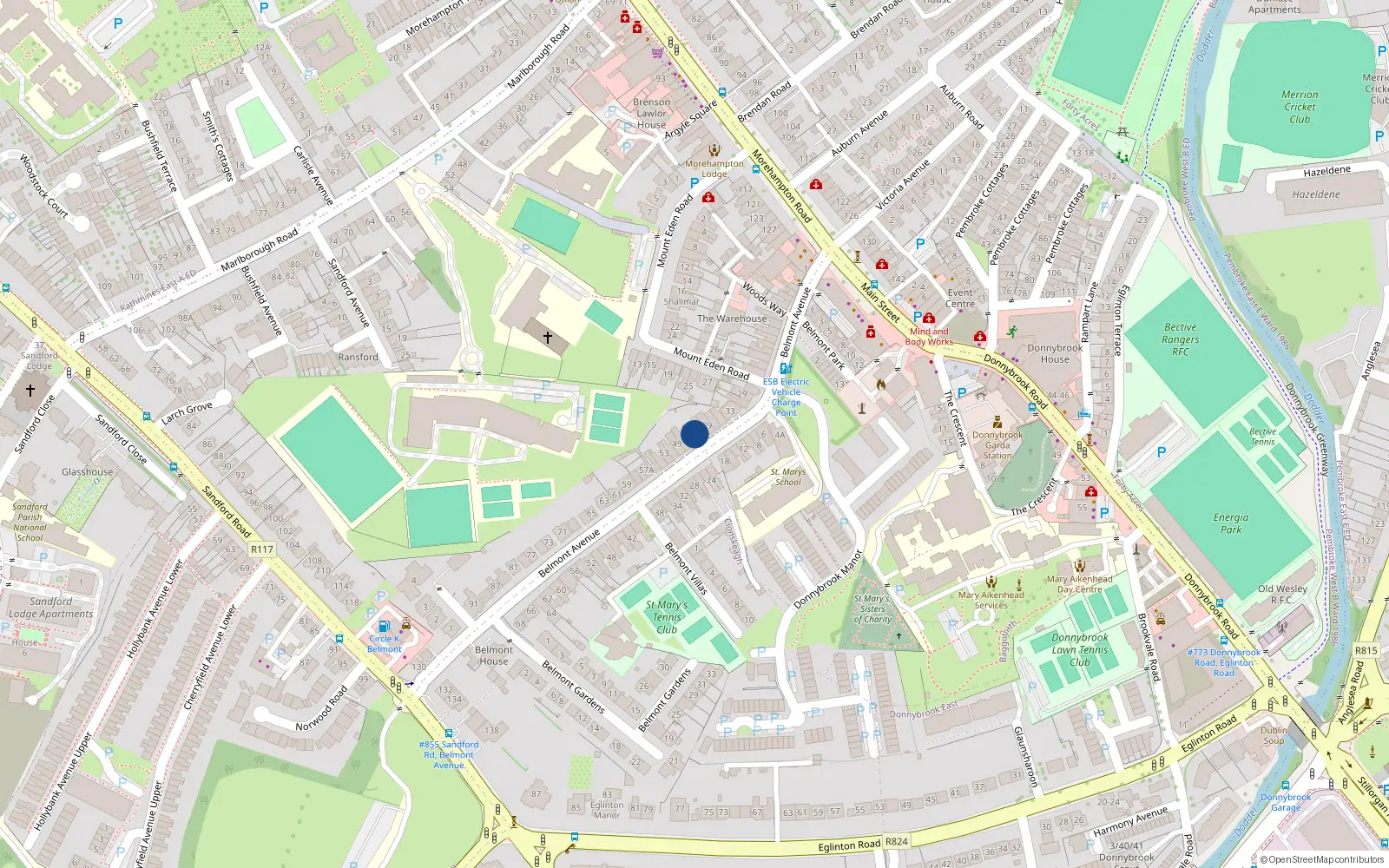 Overhead map showing the location of 43 Belmont Avenue, Donnybrook