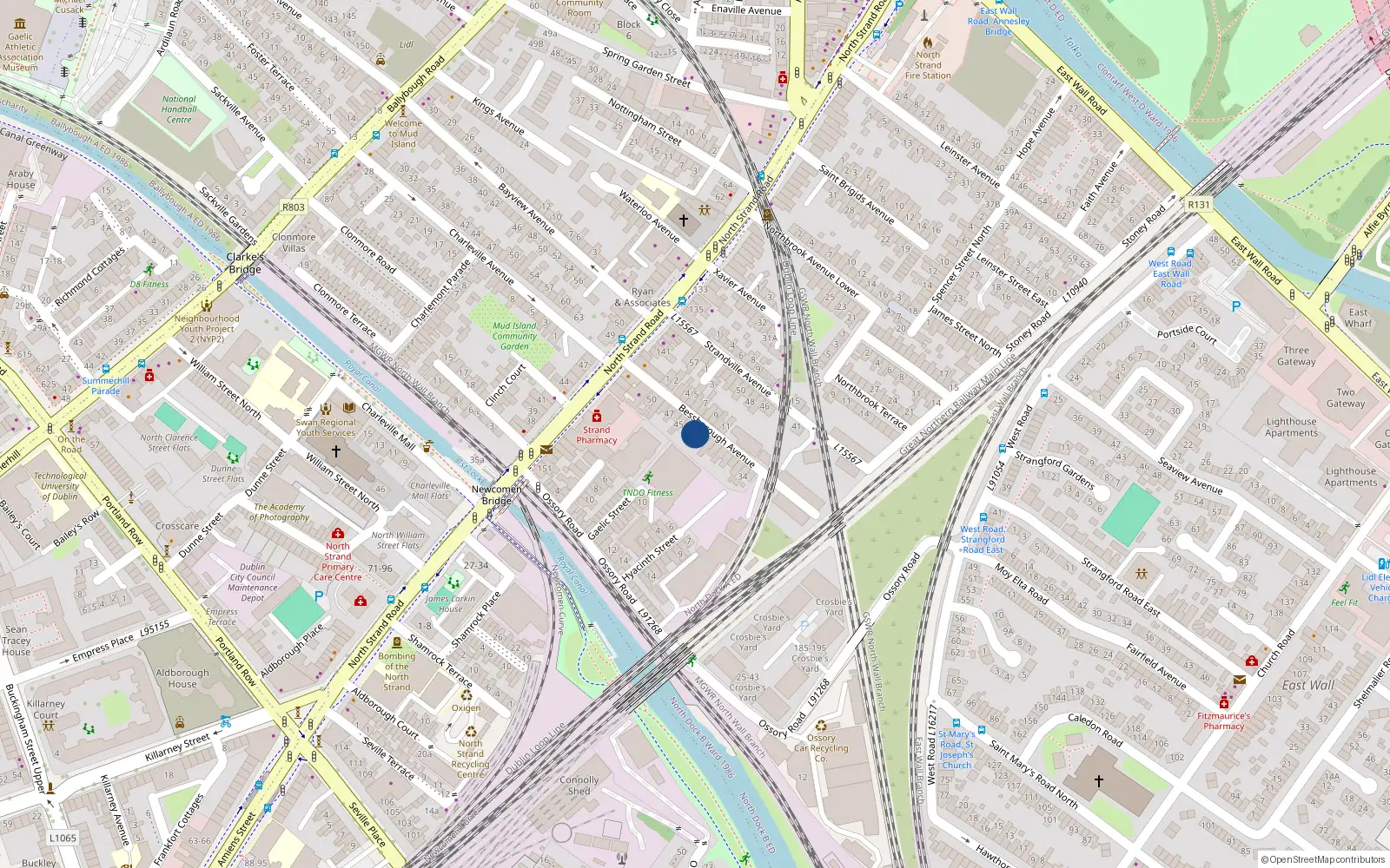 Overhead map showing the location of 43 Bessborough Avenue, North Strand, Dublin 3