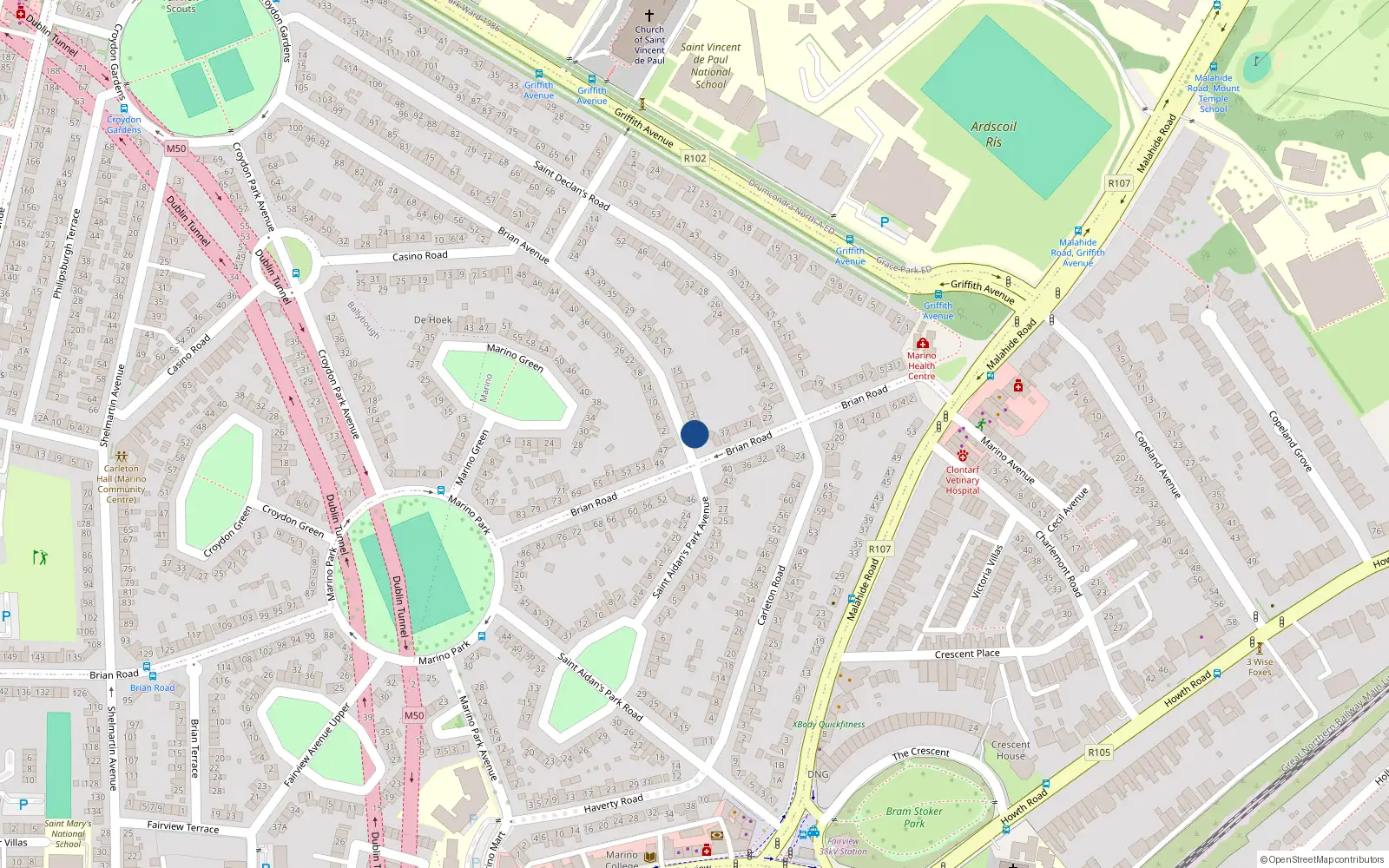 Overhead map showing the location of 43 Brian Road, Marino, Dublin 3
