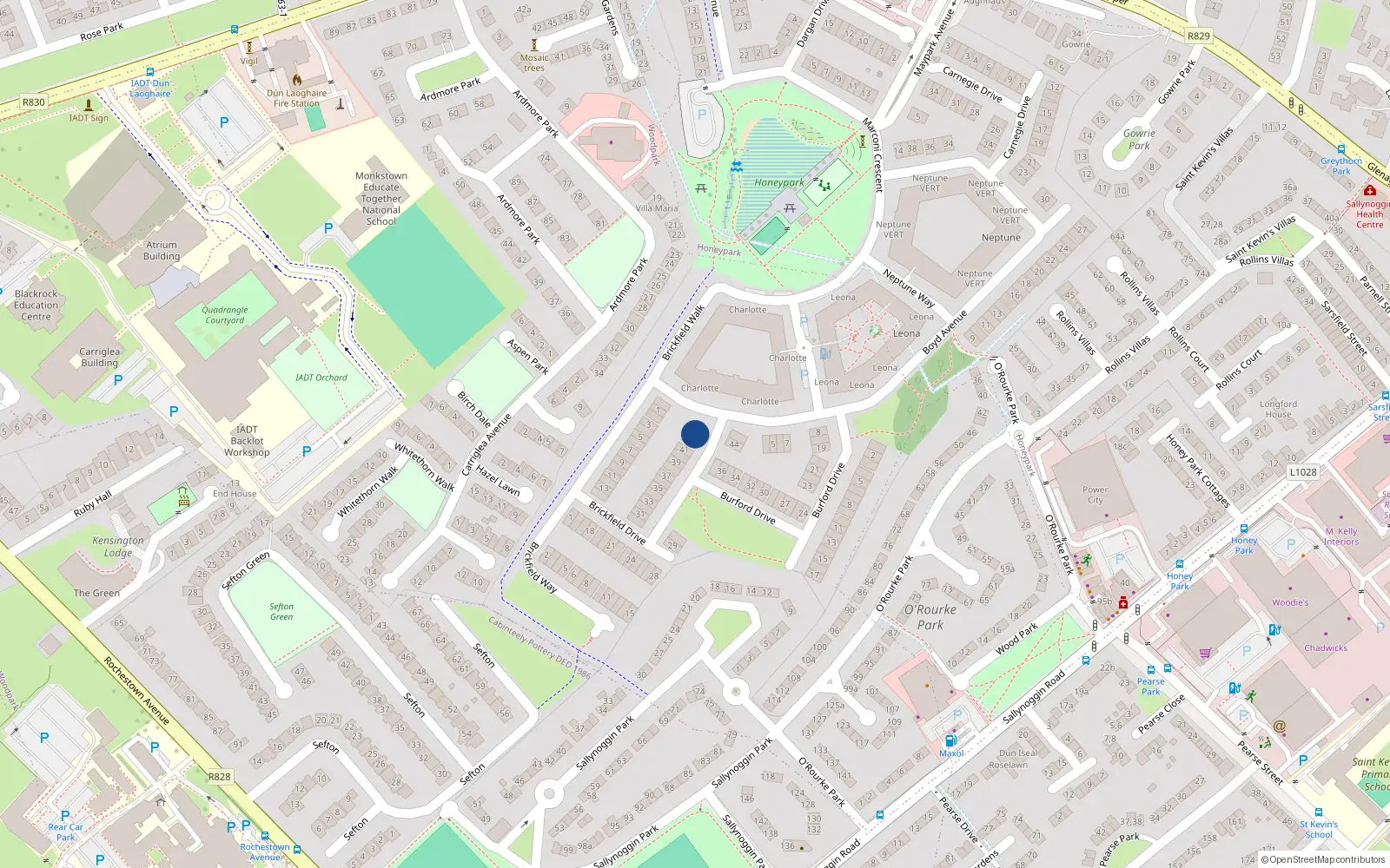 Overhead map showing the location of 43 Brickfield Drive, Dun Laoghaire