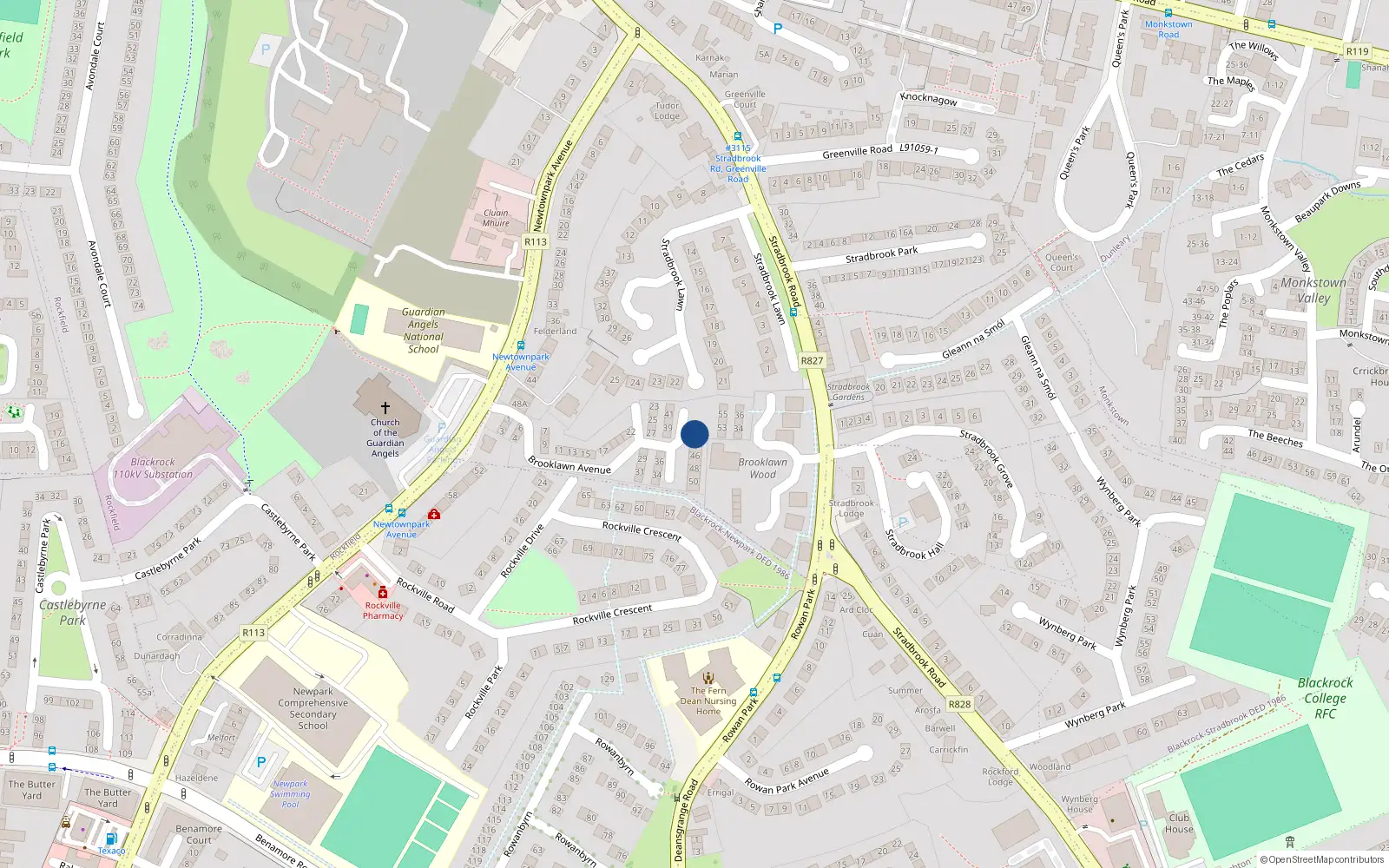 Overhead map showing the location of 43 Brooklawn Avenue, Blackrock