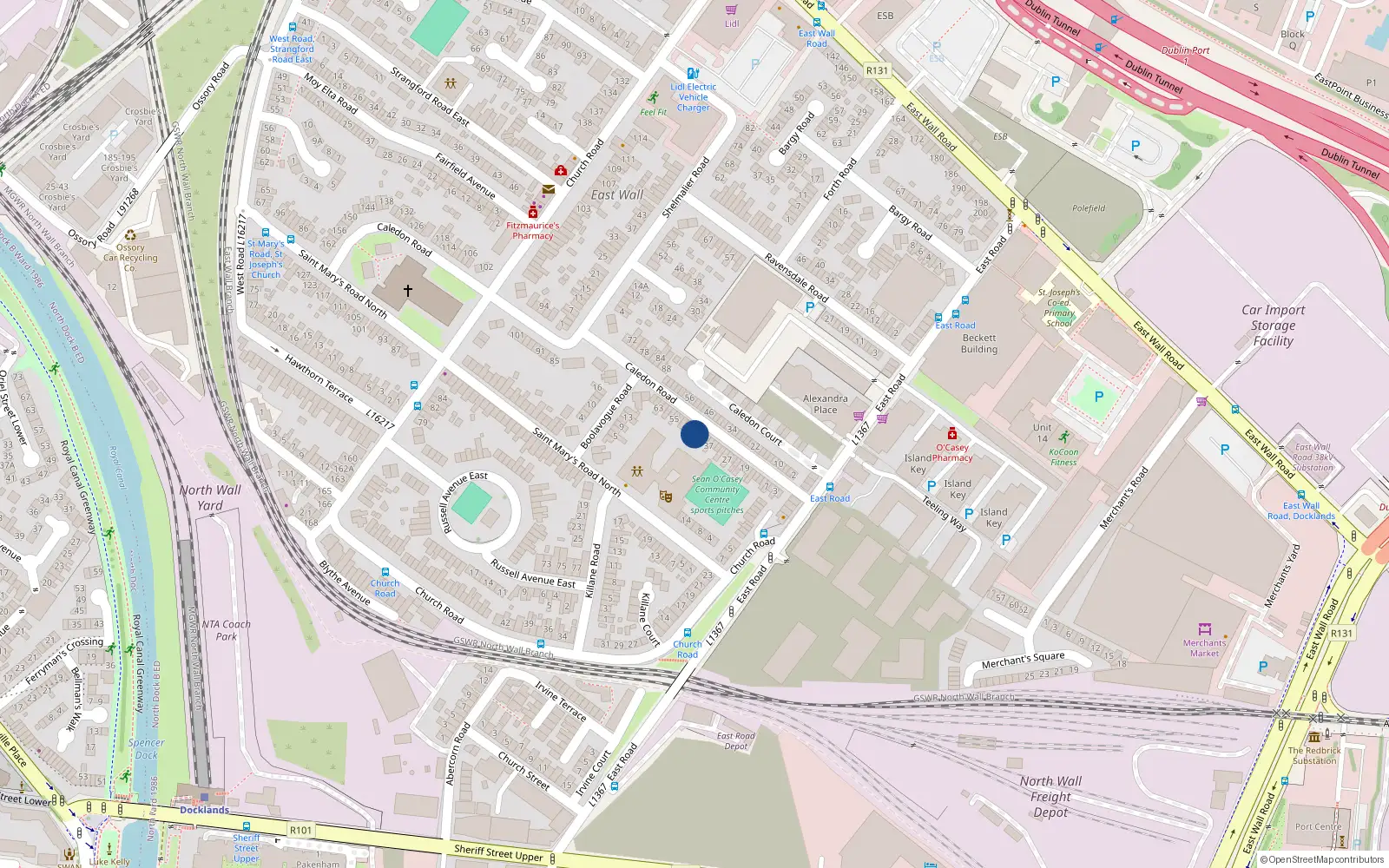 Overhead map showing the location of 43 Caledon Road, East Wall, Dublin 3