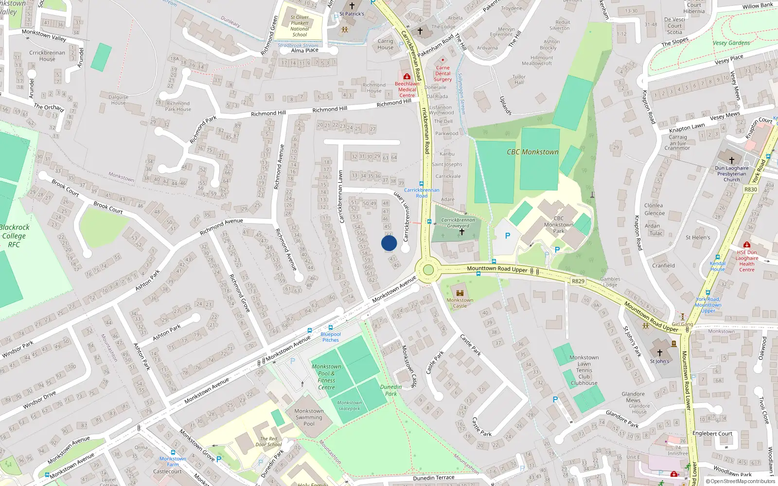 Overhead map showing the location of 43 Carrickbrennan Lawn, Monkstown, Dublin