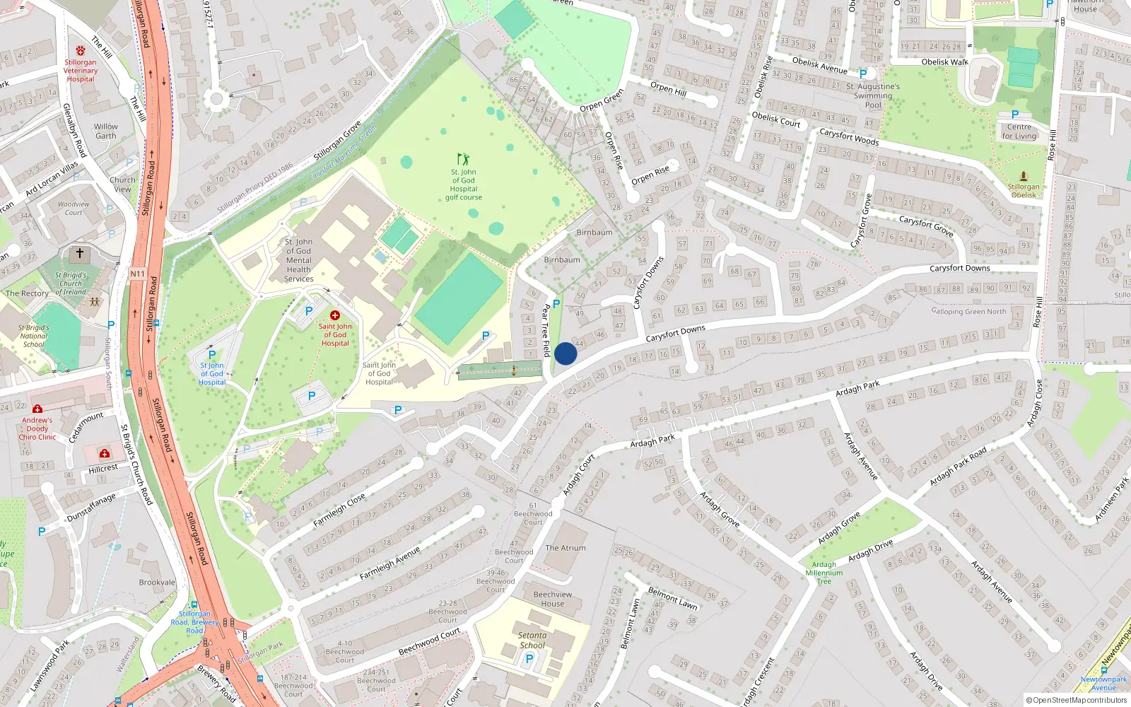 Overhead map showing the location of 43 Carysfort Downs, Blackrock, Dublin