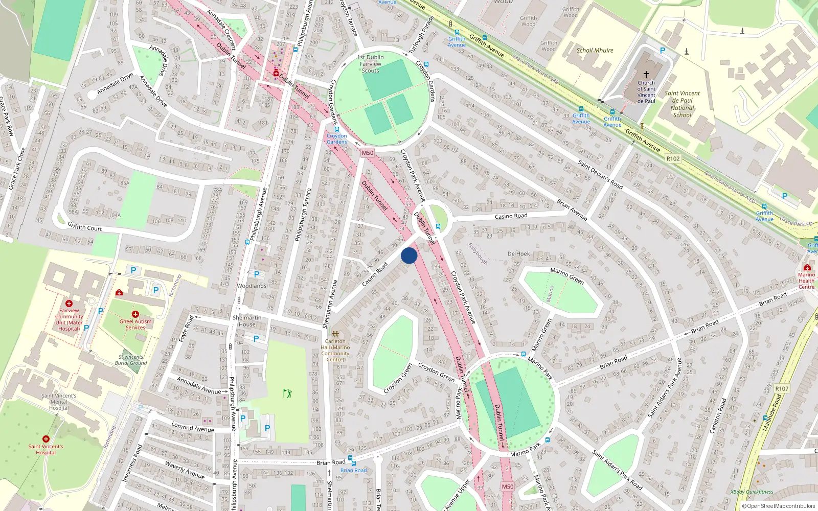 Overhead map showing the location of 43 Casino Road, Marino, Dublin 3