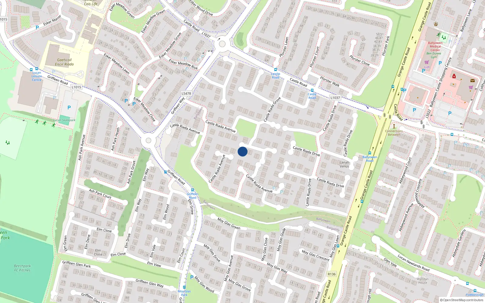 Overhead map showing the location of 43 Castle Riada Grove, Lucan, Dublin