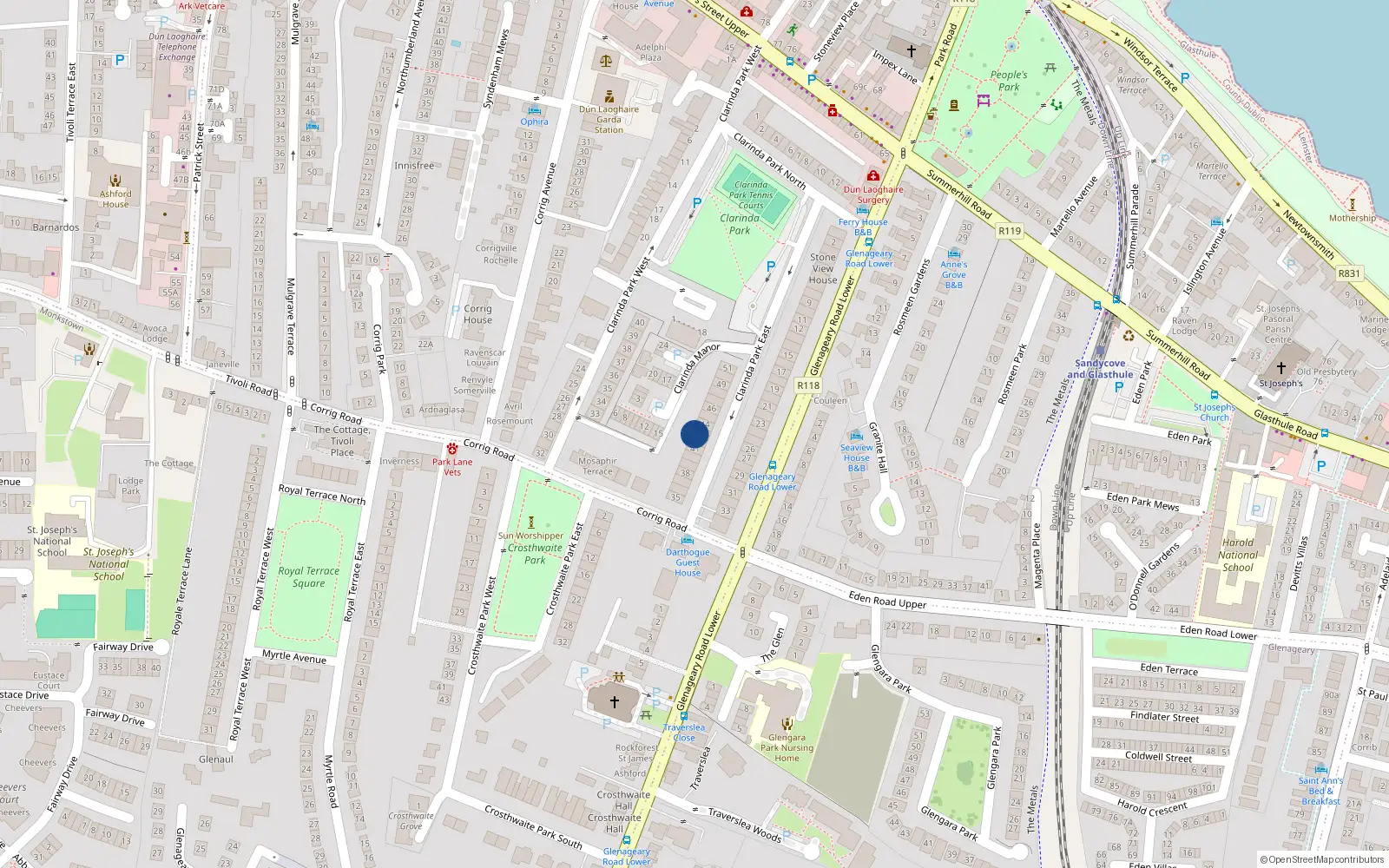 Overhead map showing the location of 43 Clarinda Park East, Dublin
