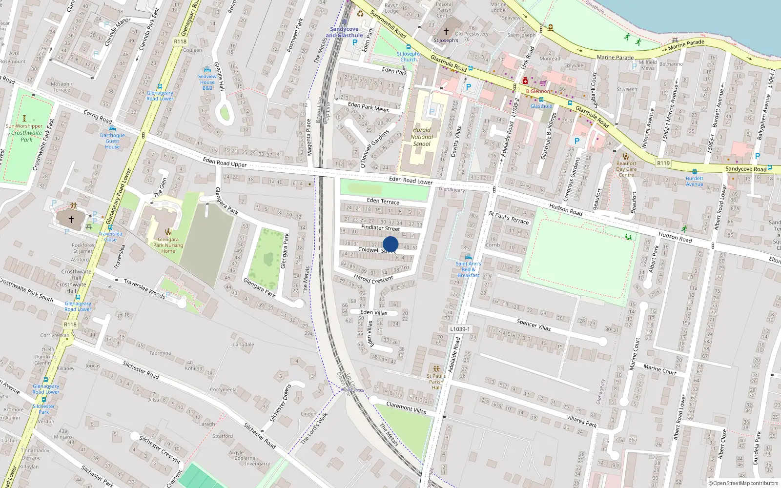 Overhead map showing the location of 43 Coldwell St, Glasthule, Dublin