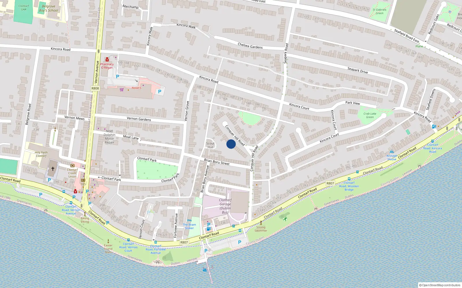 Overhead map showing the location of 43 Conquer Hill Road, Clontarf, Dublin