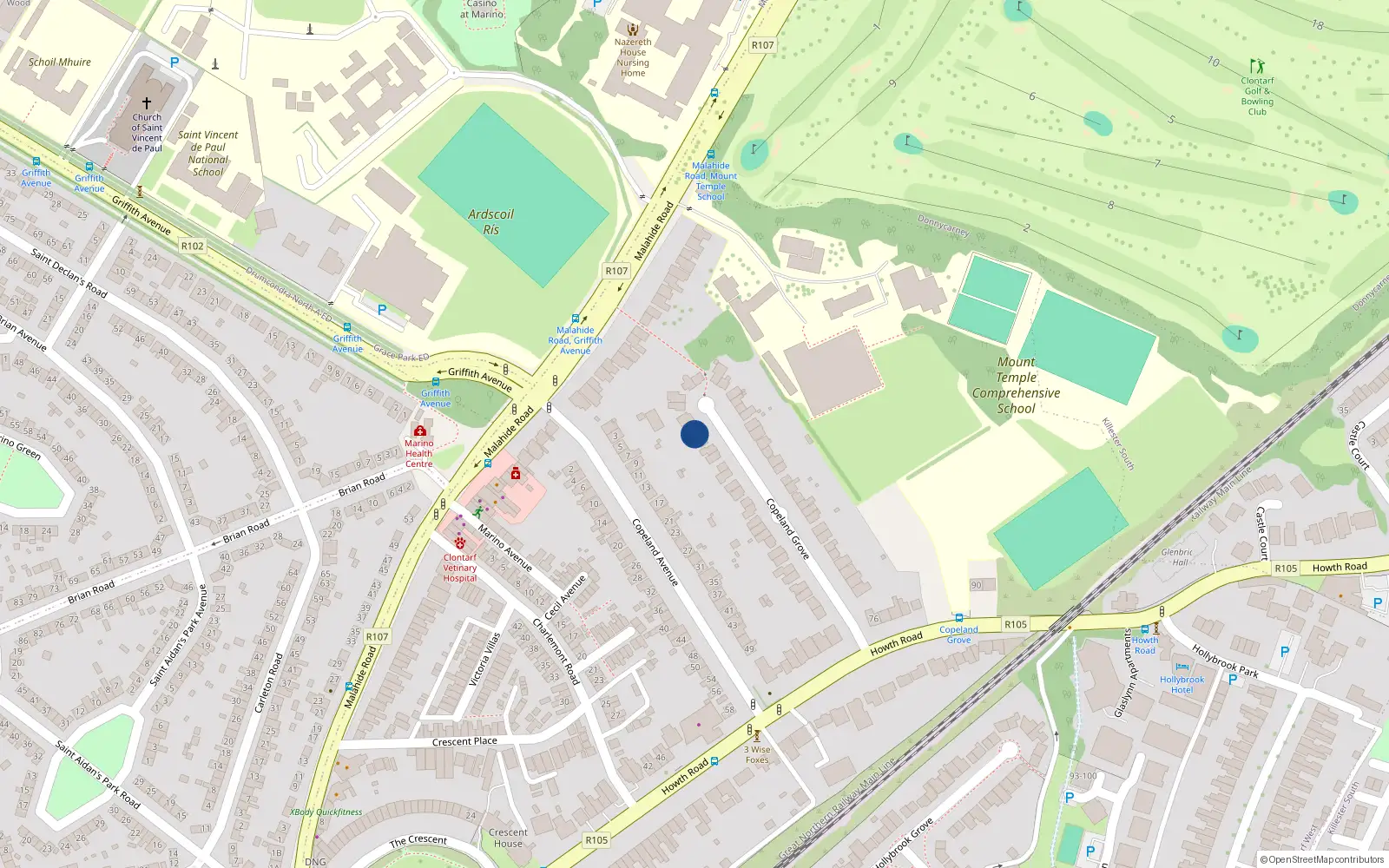 Overhead map showing the location of 43 Copeland Grove, Clontarf, Dublin 3