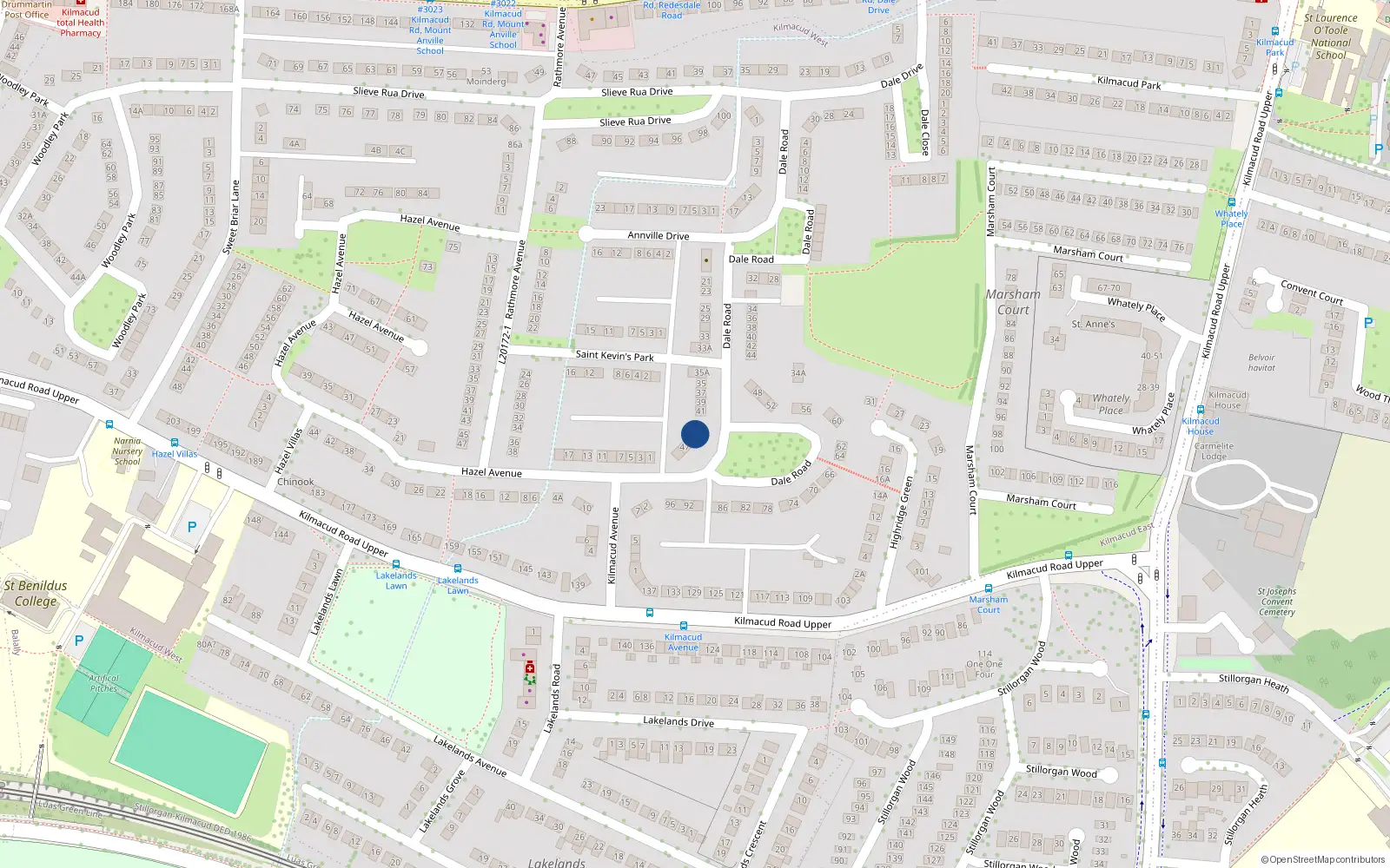 Overhead map showing the location of 43 Dale Road, Stillorgan, Dublin