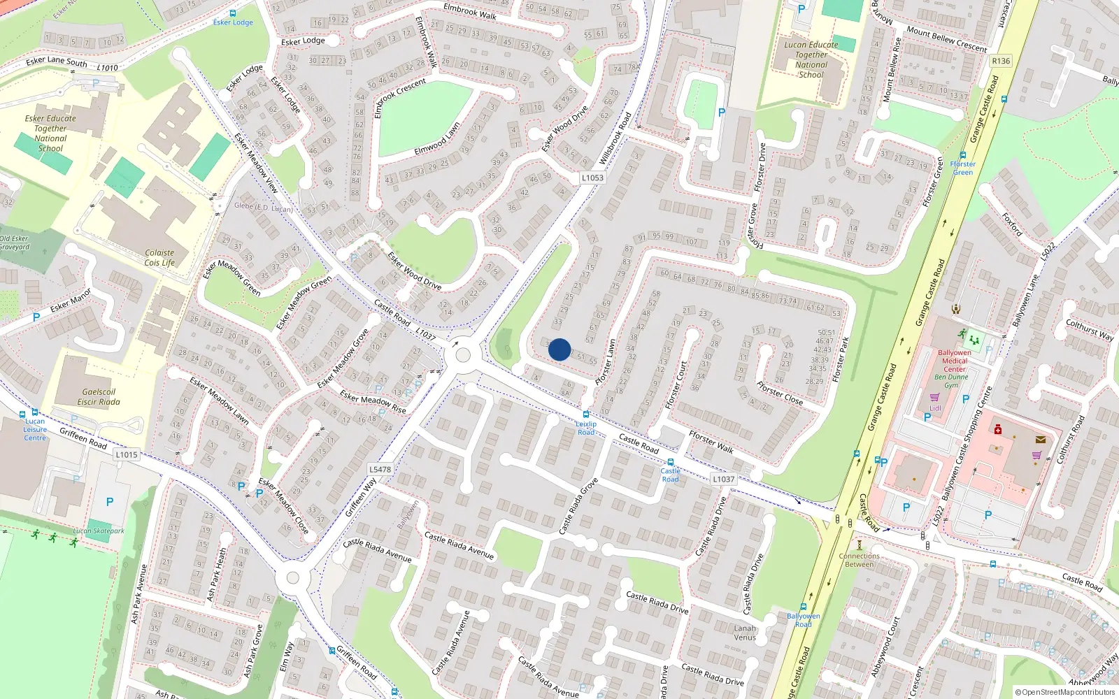 Overhead map showing the location of 43 Fforster Lawn, Ballydowd Manor, Lucan