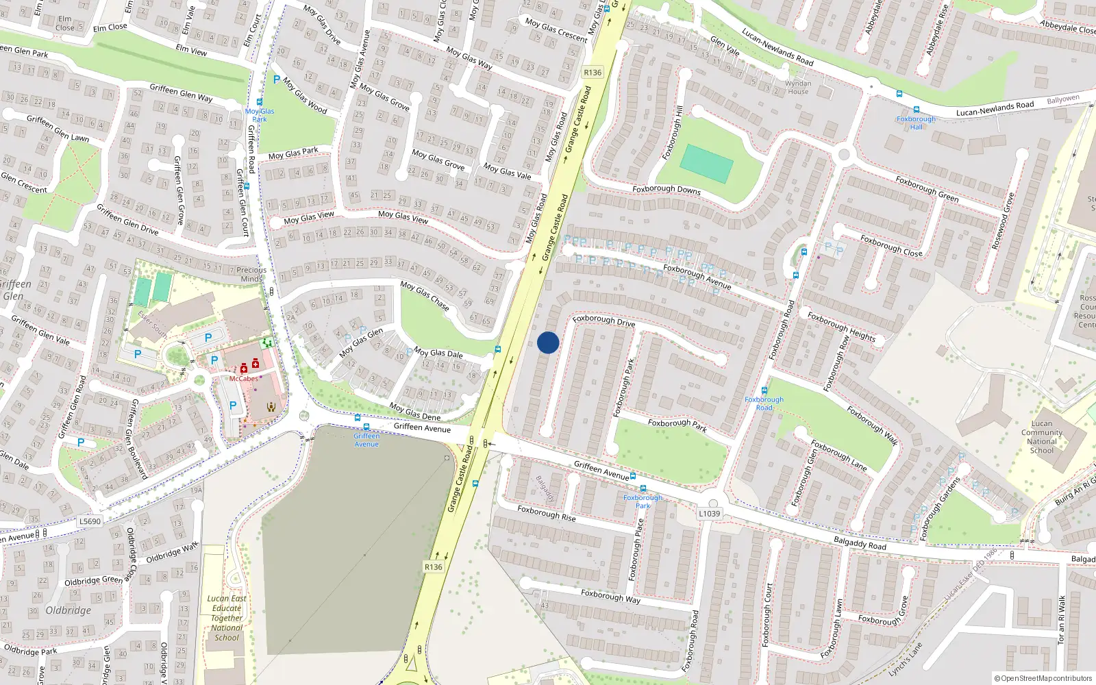 Overhead map showing the location of 43 Foxborough Drive, Lucan