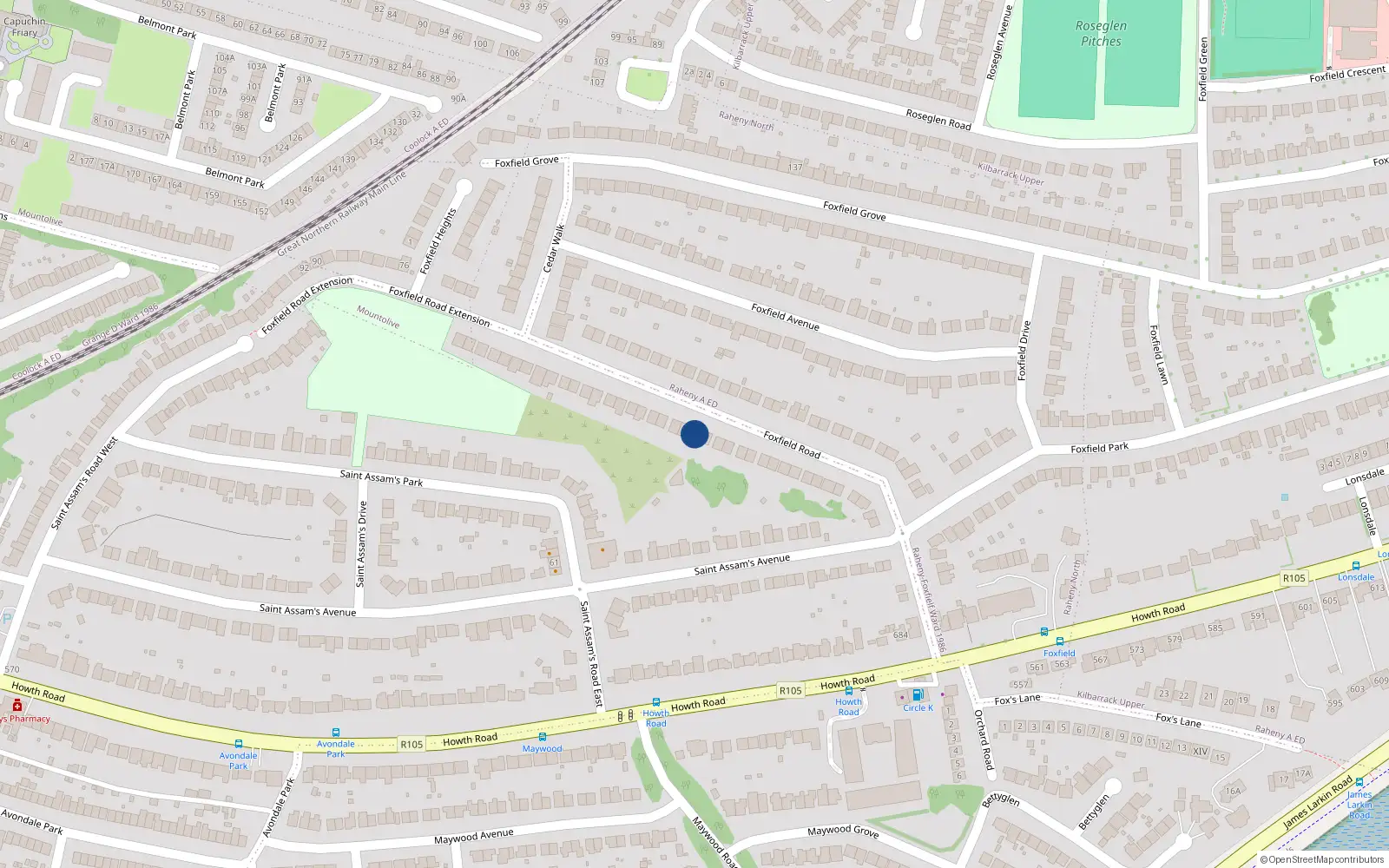 Overhead map showing the location of 43 Foxfield Road, Dublin 5