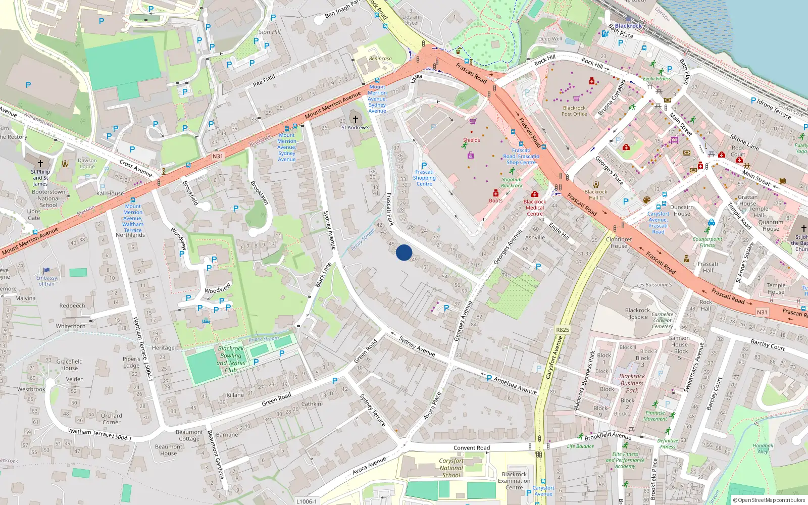 Overhead map showing the location of 43 Frascati Park, Blackrock
