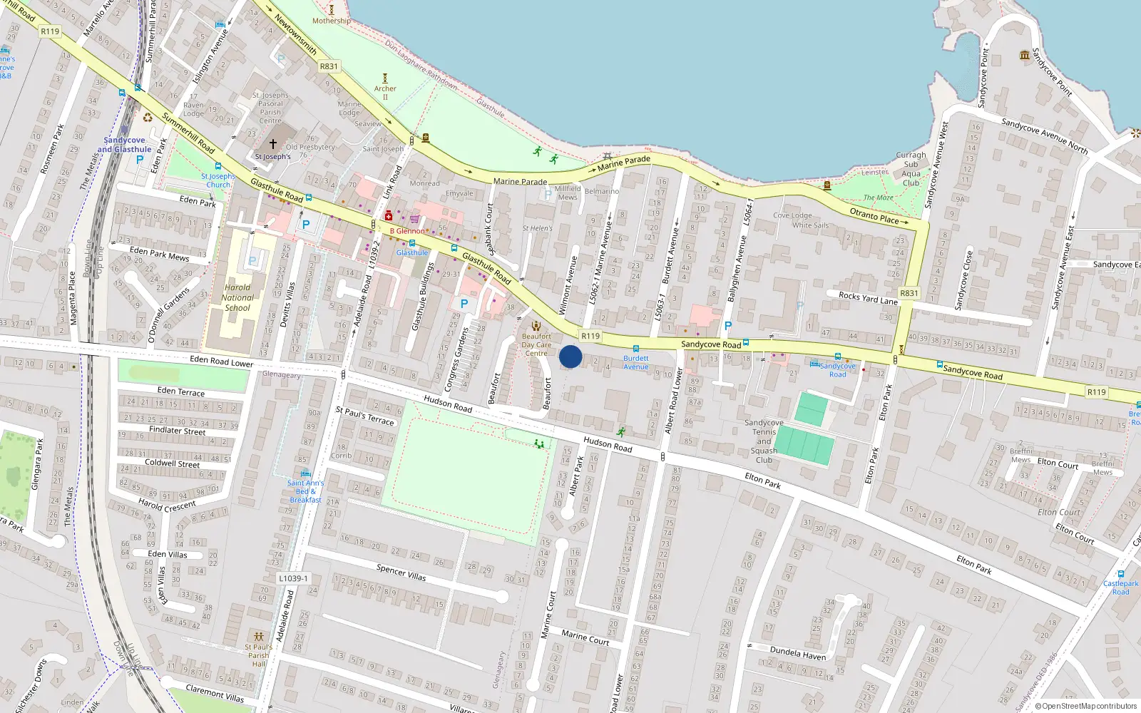 Overhead map showing the location of 43 Glasthule Road, Glasthule
