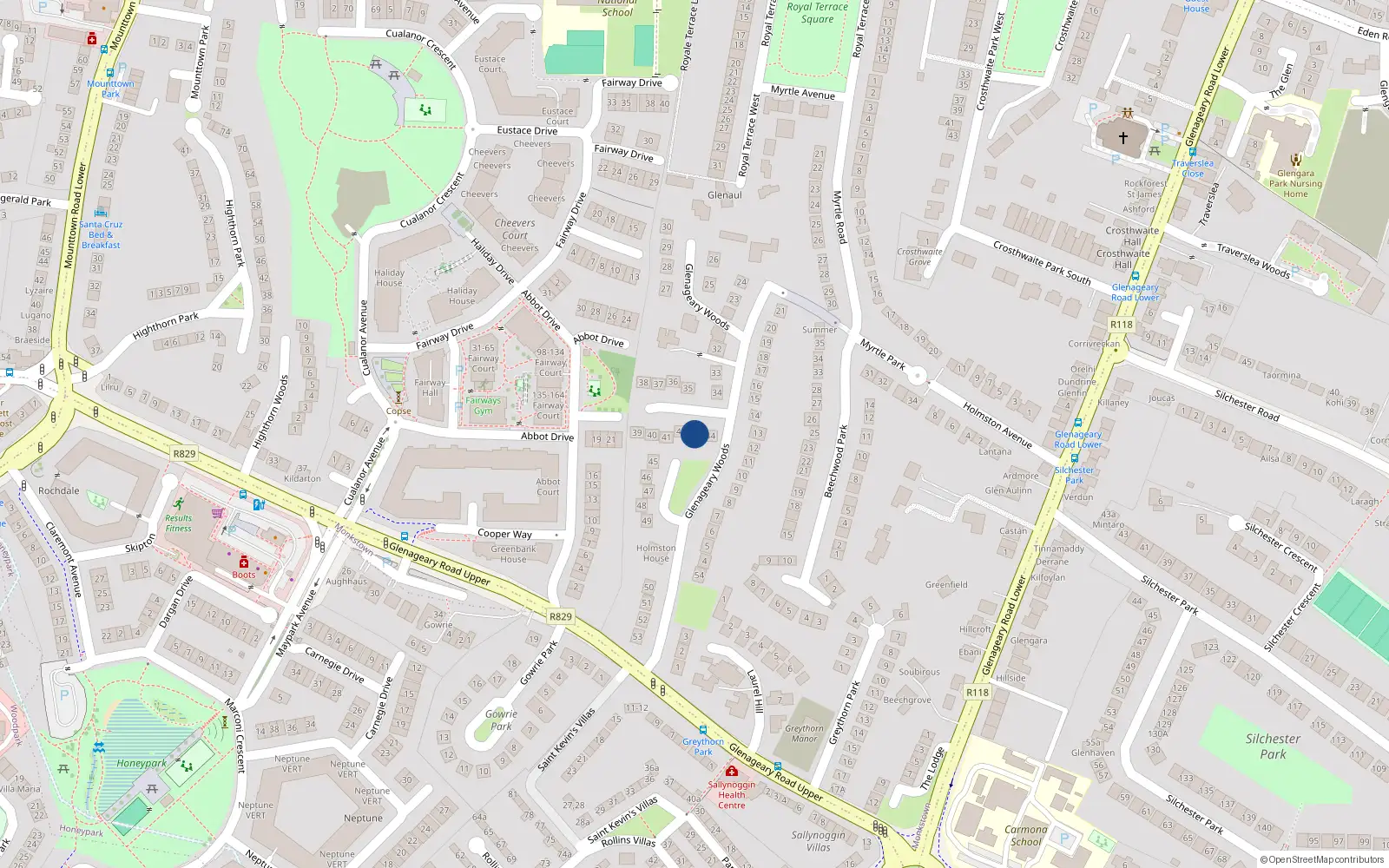 Overhead map showing the location of 43 Glenageary Woods, Dun Laoghaire, Dublin