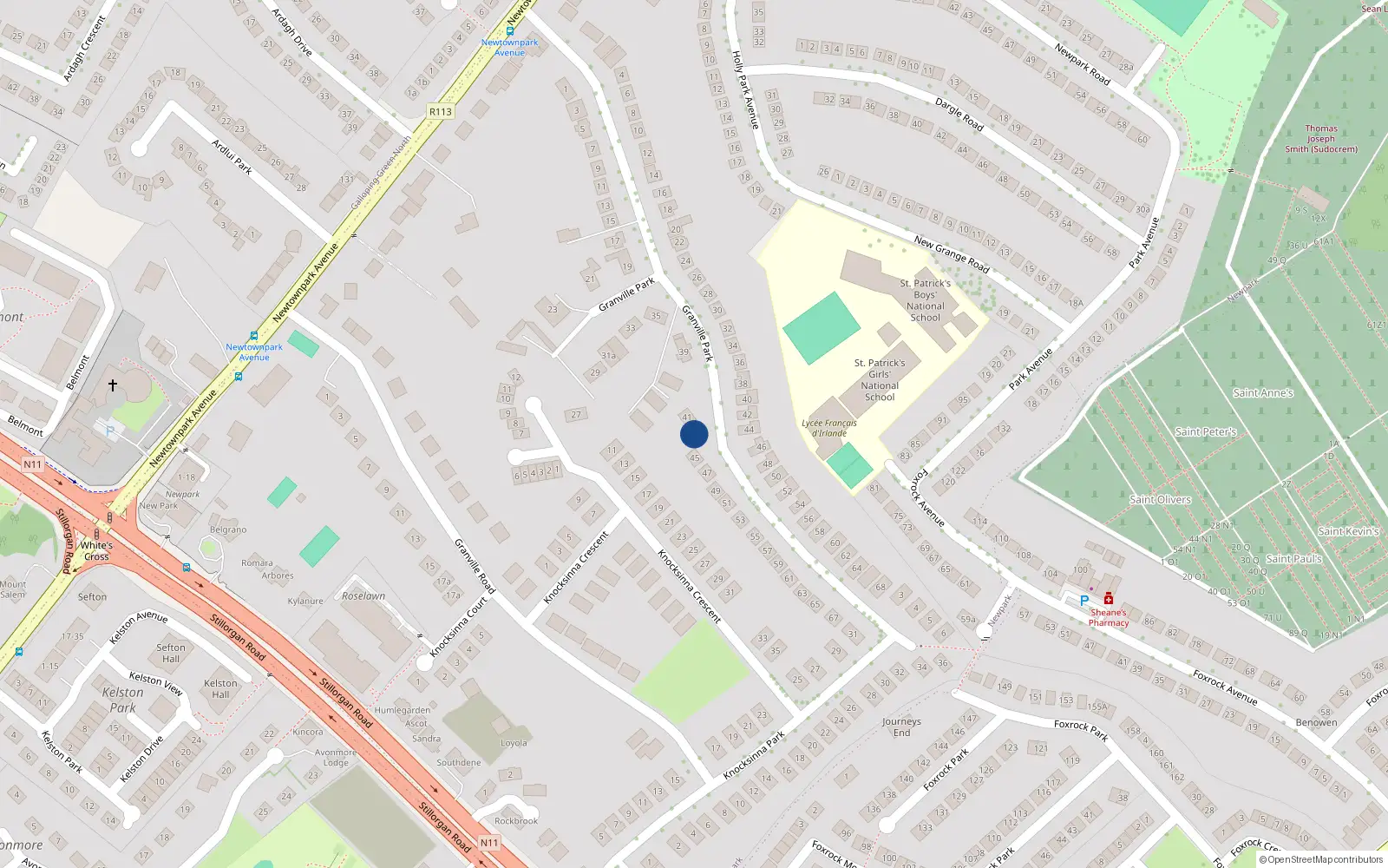 Overhead map showing the location of 43 Granville Park, Blackrock
